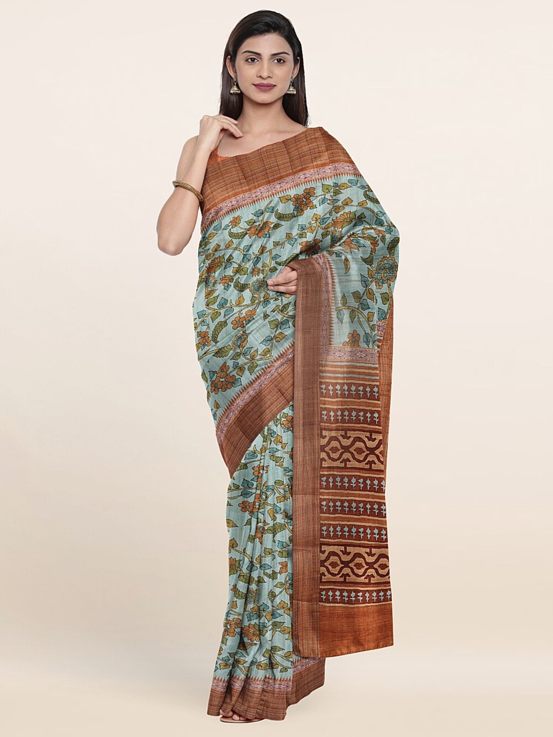 

Pothys Green & Brown Floral Art Silk Saree