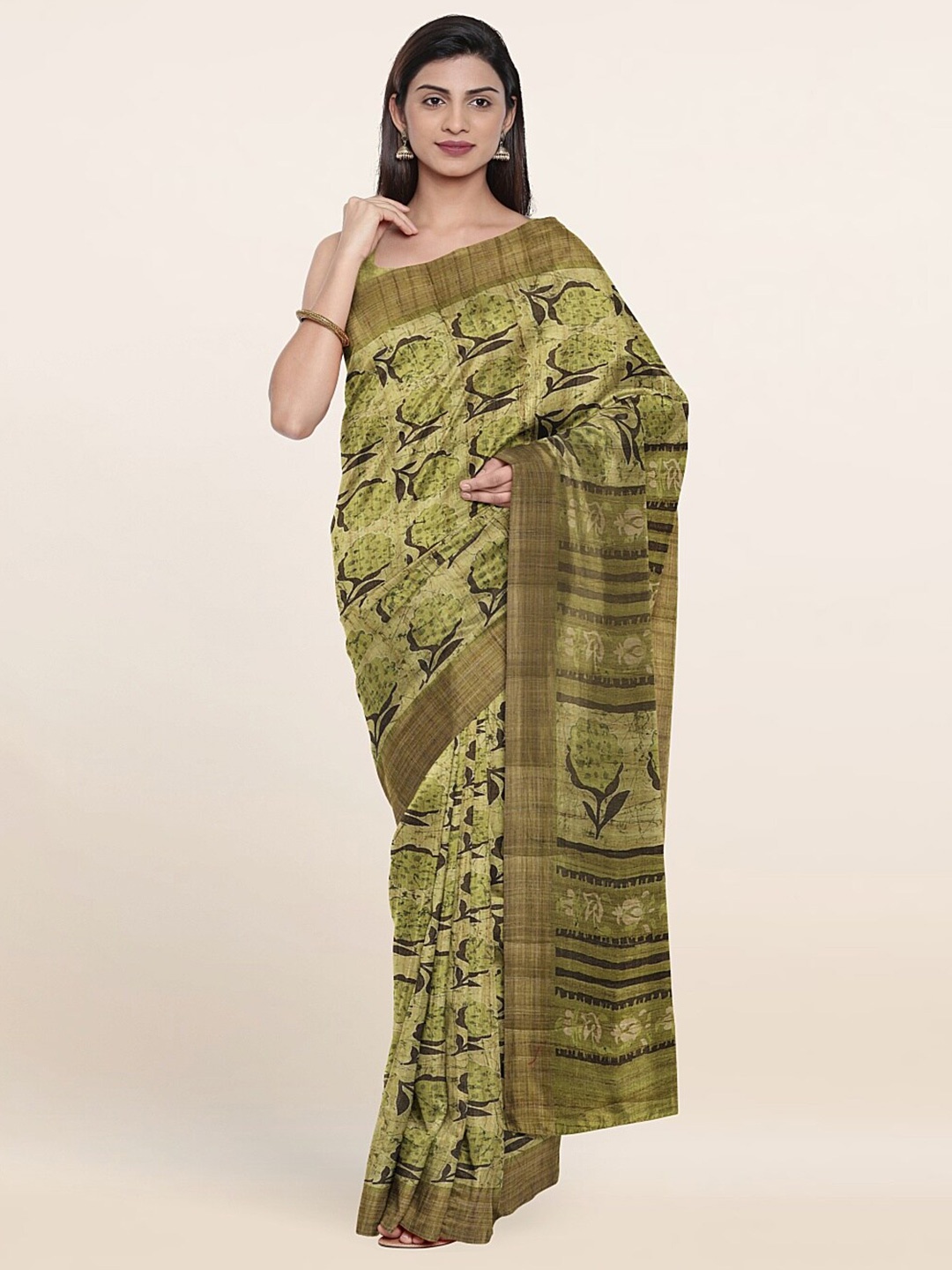 

Pothys Green & Brown Floral Art Silk Saree