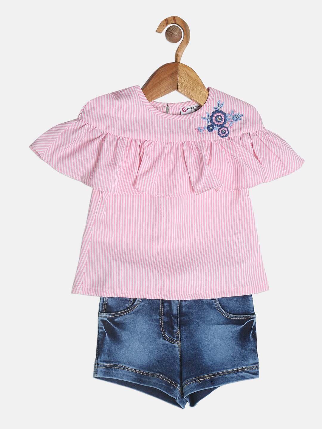 

Peppermint Girls Pink & Blue Striped Top with Shorts