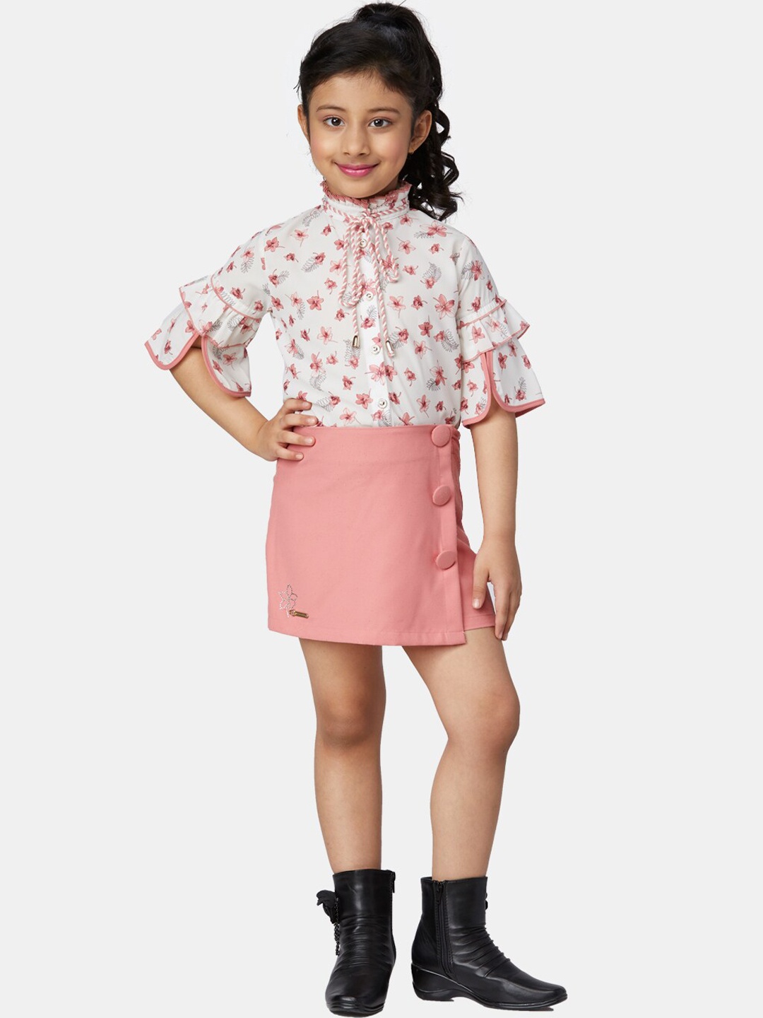 

Peppermint Girls White & Pink Printed Top with Skirt