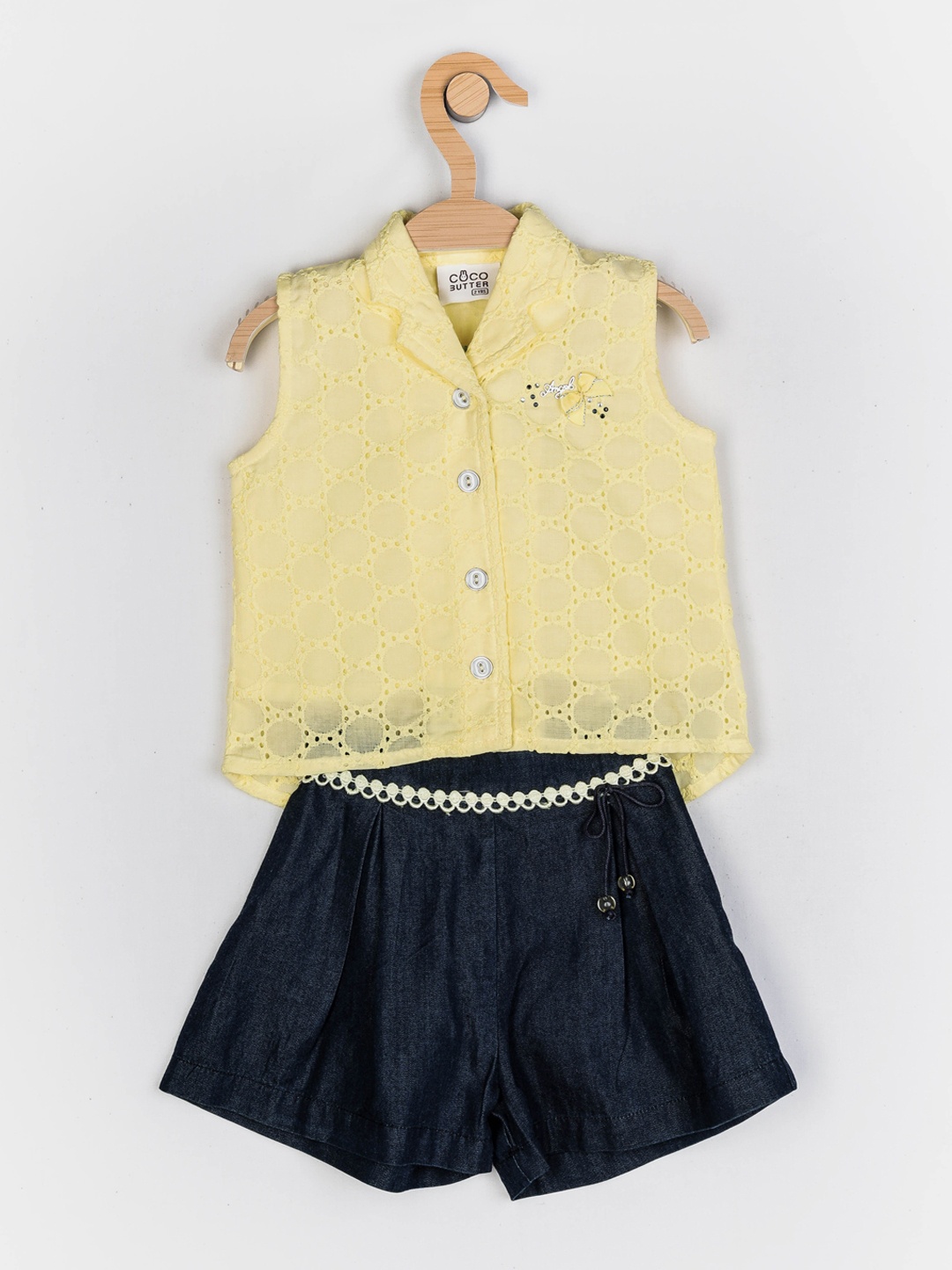 

Peppermint Girls Yellow Self Design Shirt Style Top with Shorts