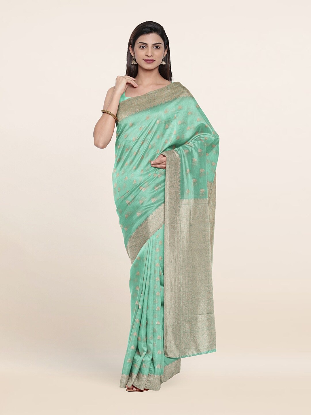 

Pothys Green & Gold-Toned Woven Design Zari Art Silk Saree