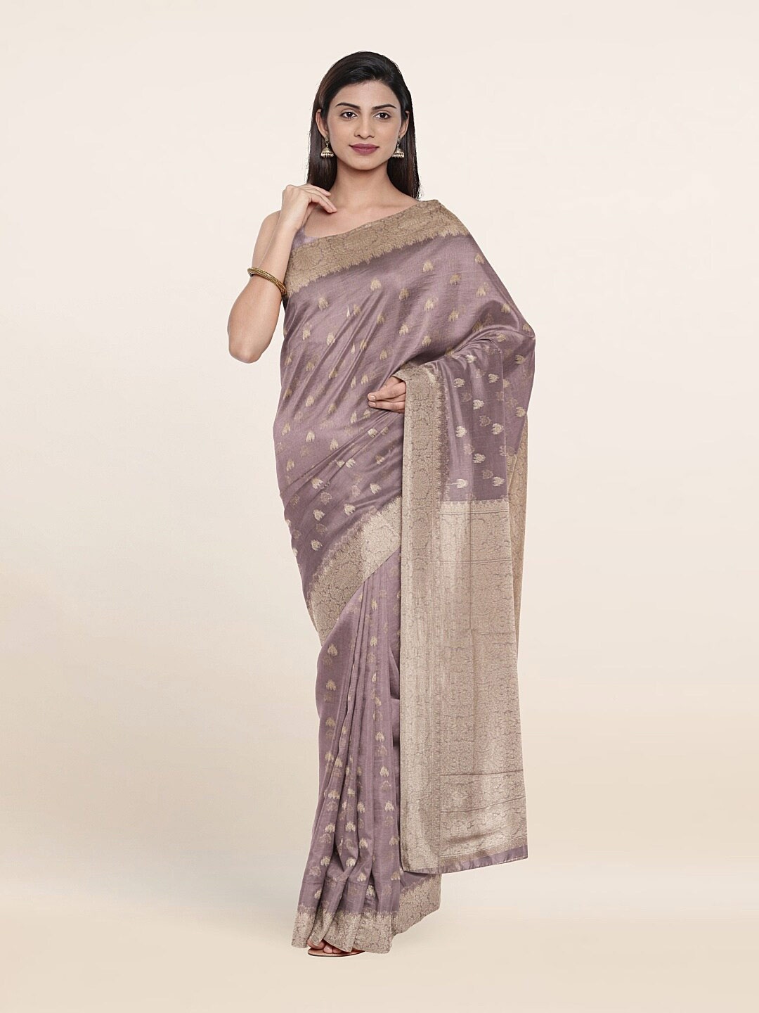 

Pothys Grey & Gold-Toned Woven Design Zari Art Silk Saree