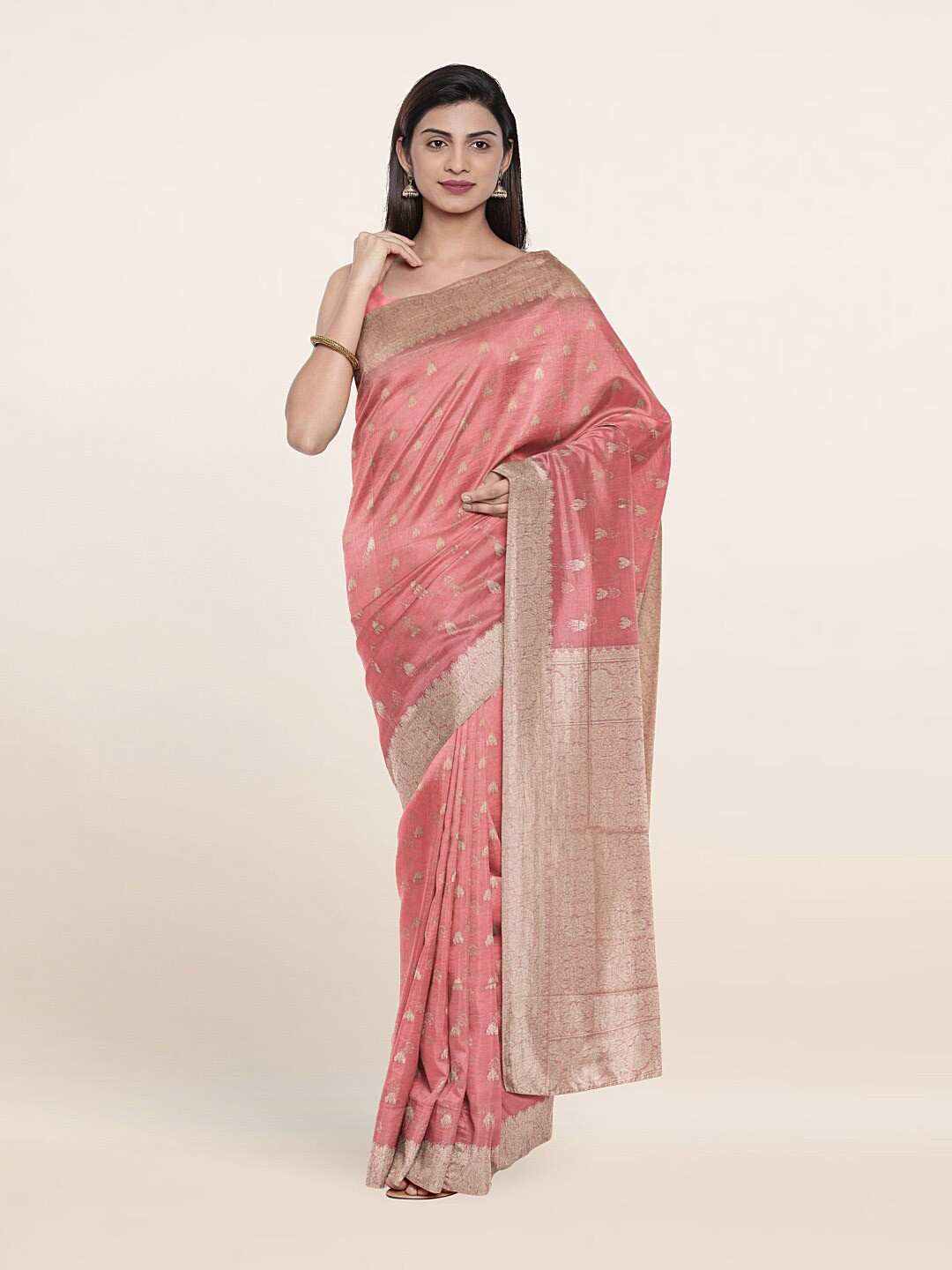 

Pothys Pink & Gold-Toned Woven Design Zari Art Silk Saree