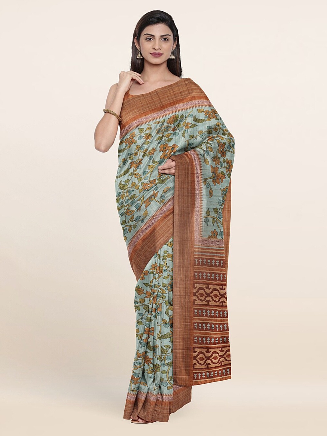 

Pothys Blue & Brown Floral Zari Art Silk Saree