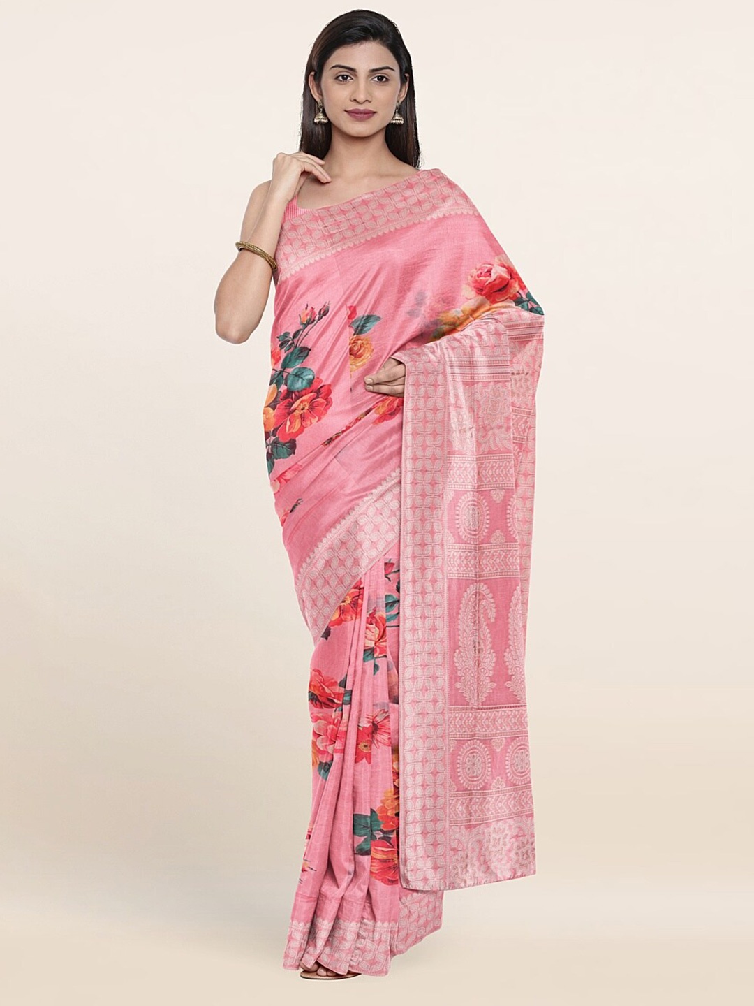 

Pothys Pink & Green Floral Art Silk Saree