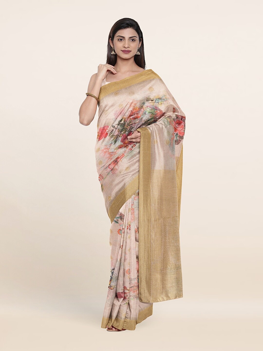 

Pothys Pink & Gold-Toned Floral Art Silk Saree