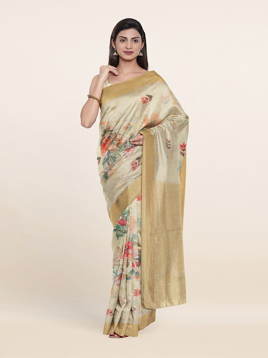 

Pothys Green & Off White Floral Zari Art Silk Saree