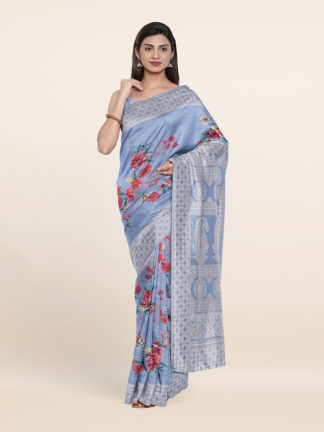 

Pothys Blue & White Floral Zari Art Silk Saree