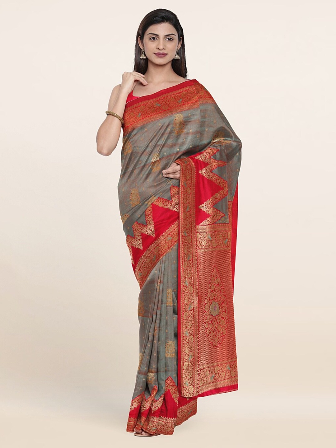 

Pothys Green & Red Floral Zari Art Silk Saree