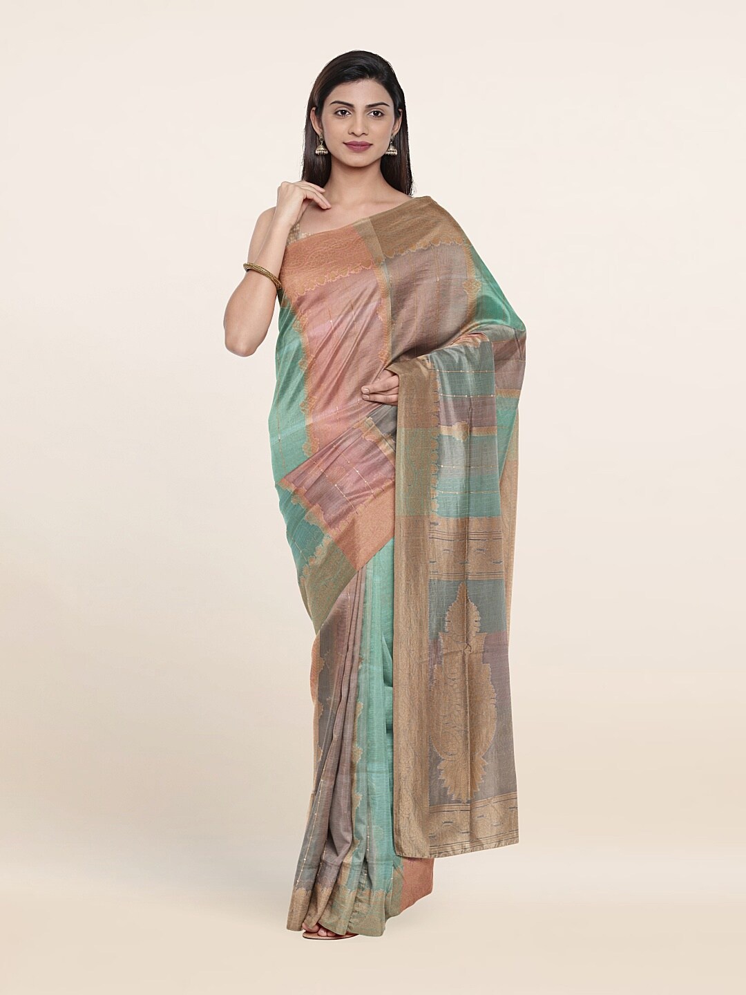 

Pothys Green & Peach-Coloured Woven Design Zari Art Silk Saree