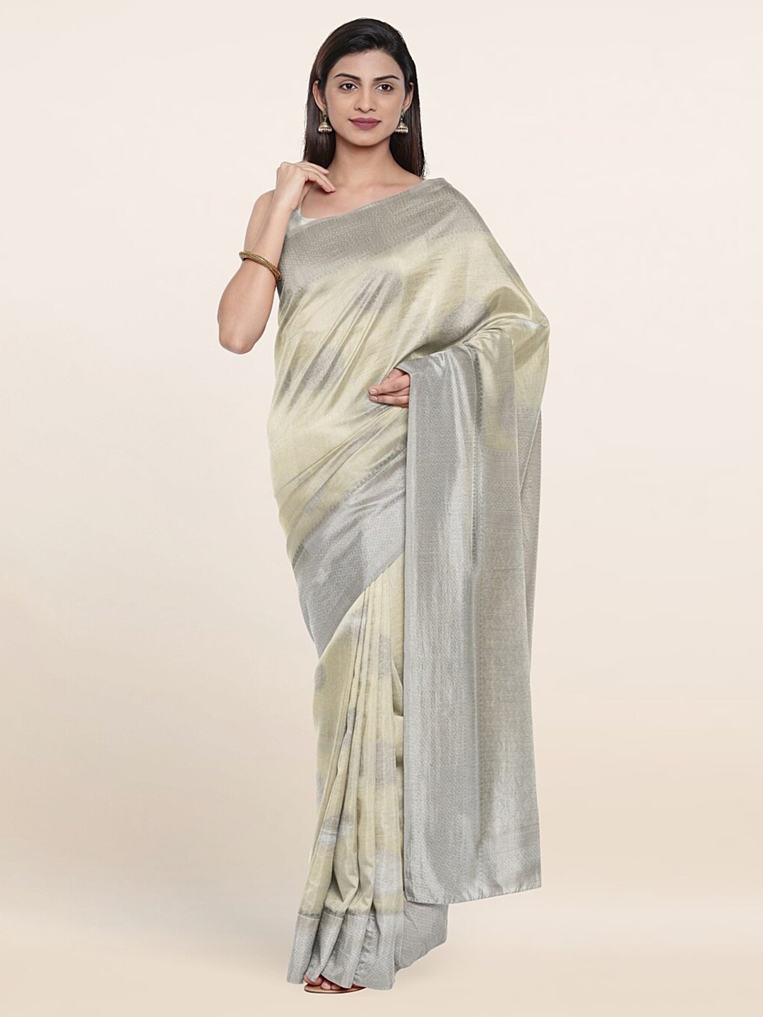 

Pothys Cream-Coloured & Silver-Toned Woven Design Art Silk Saree