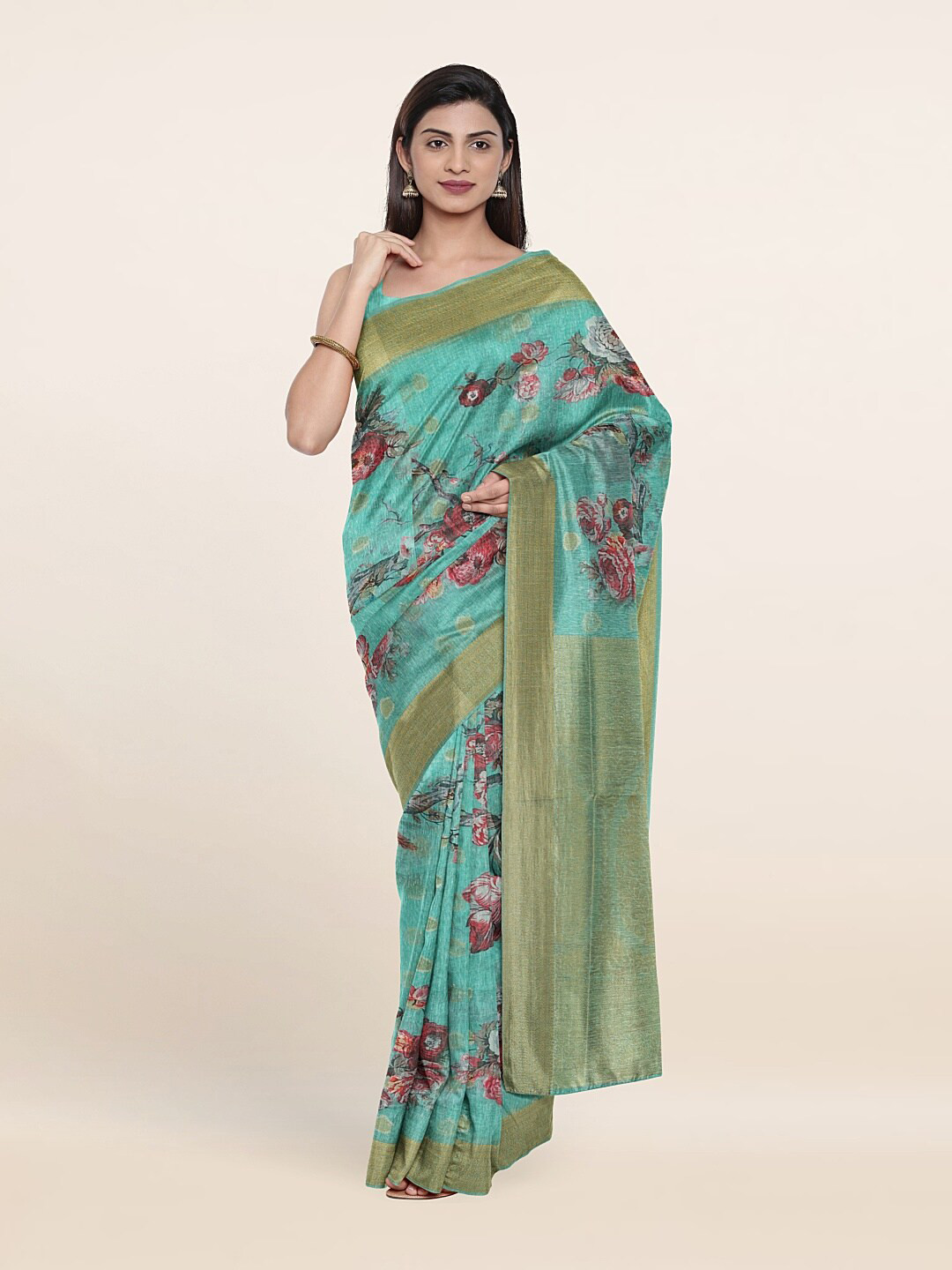 

Pothys Green & Pink Floral Art Silk Saree