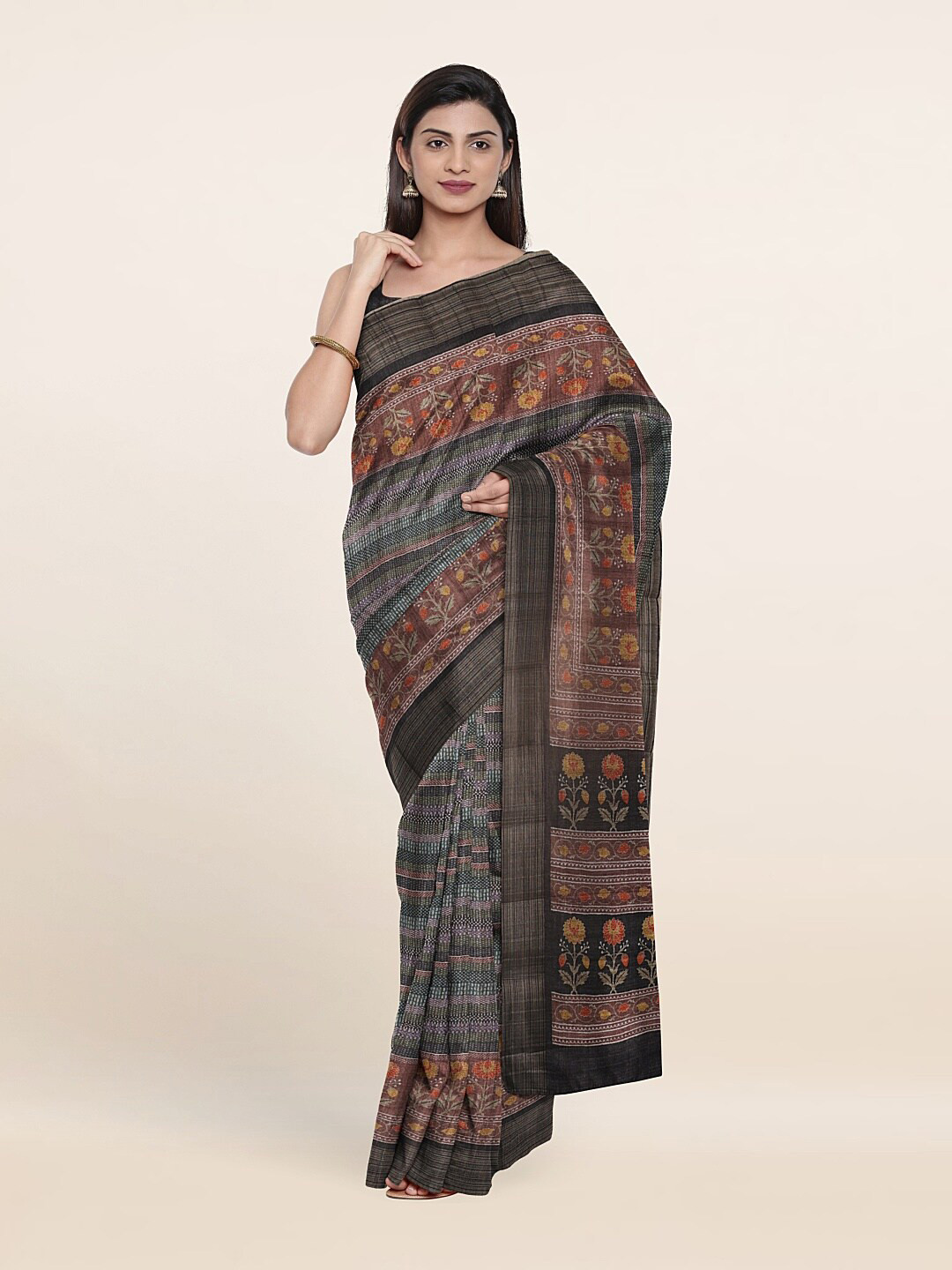 

Pothys Grey & Yellow Floral Art Silk Saree