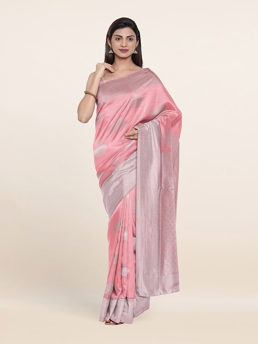 

Pothys Pink & Silver-Toned Floral Art Silk Saree