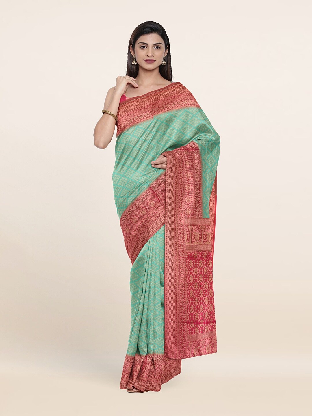 

Pothys Sea Green & Maroon Ethnic Motifs Zari Art Silk Saree