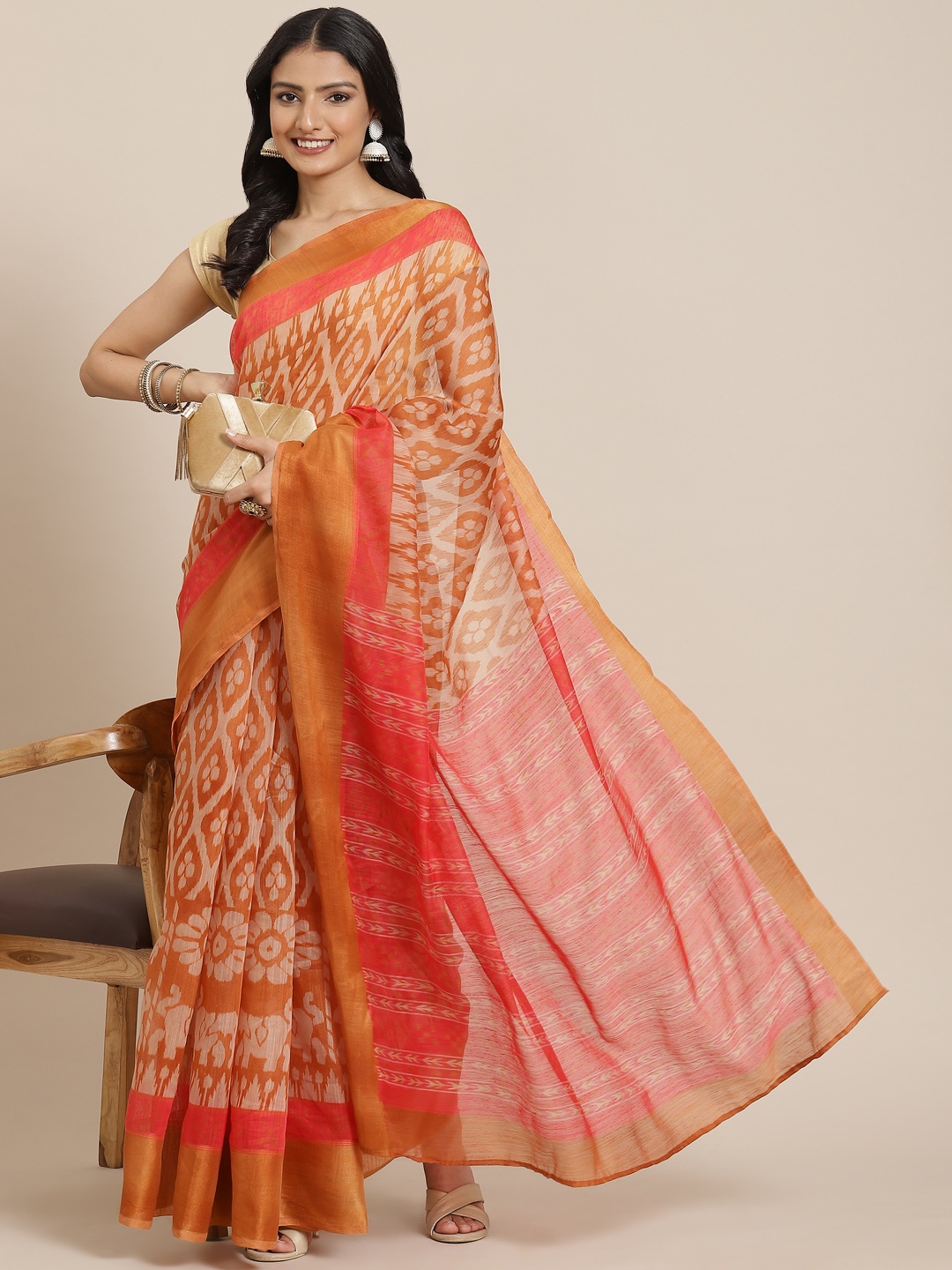 

MIRCHI FASHION Orange & Beige Ethnic Motifs Saree