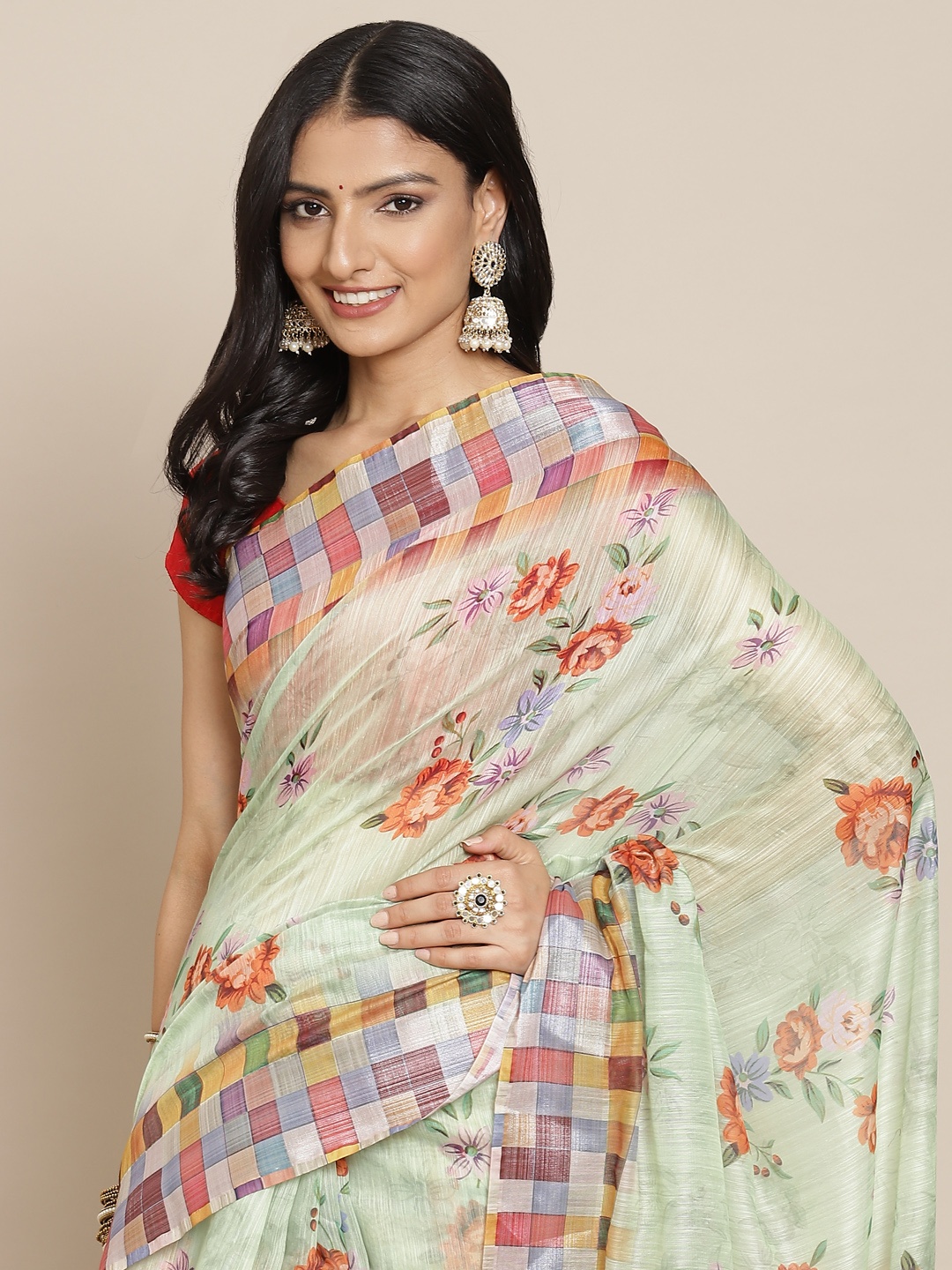 

KALINI Green & Orange Floral Print Saree