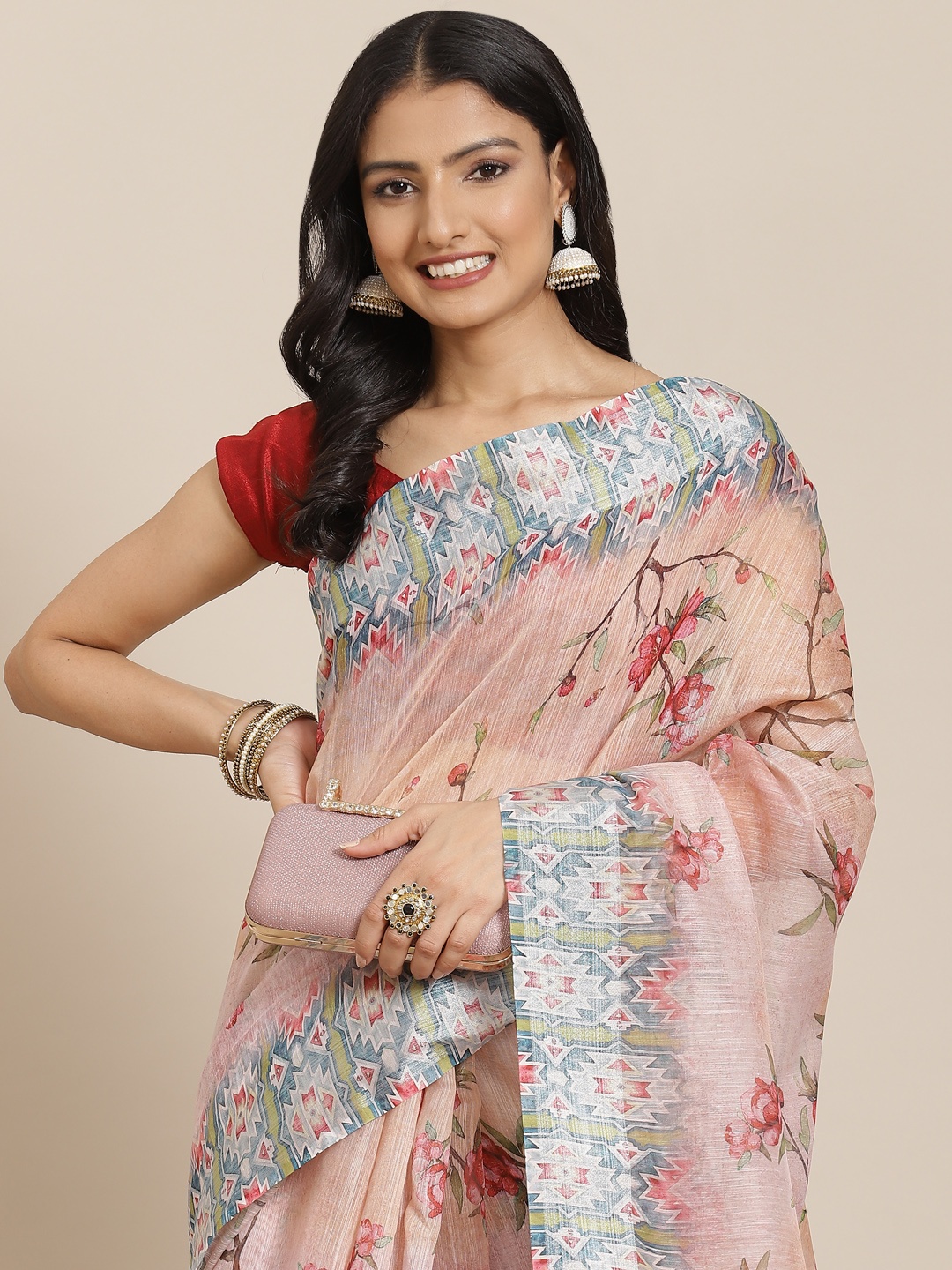 

KALINI Beige & Red Floral Print Zari Saree