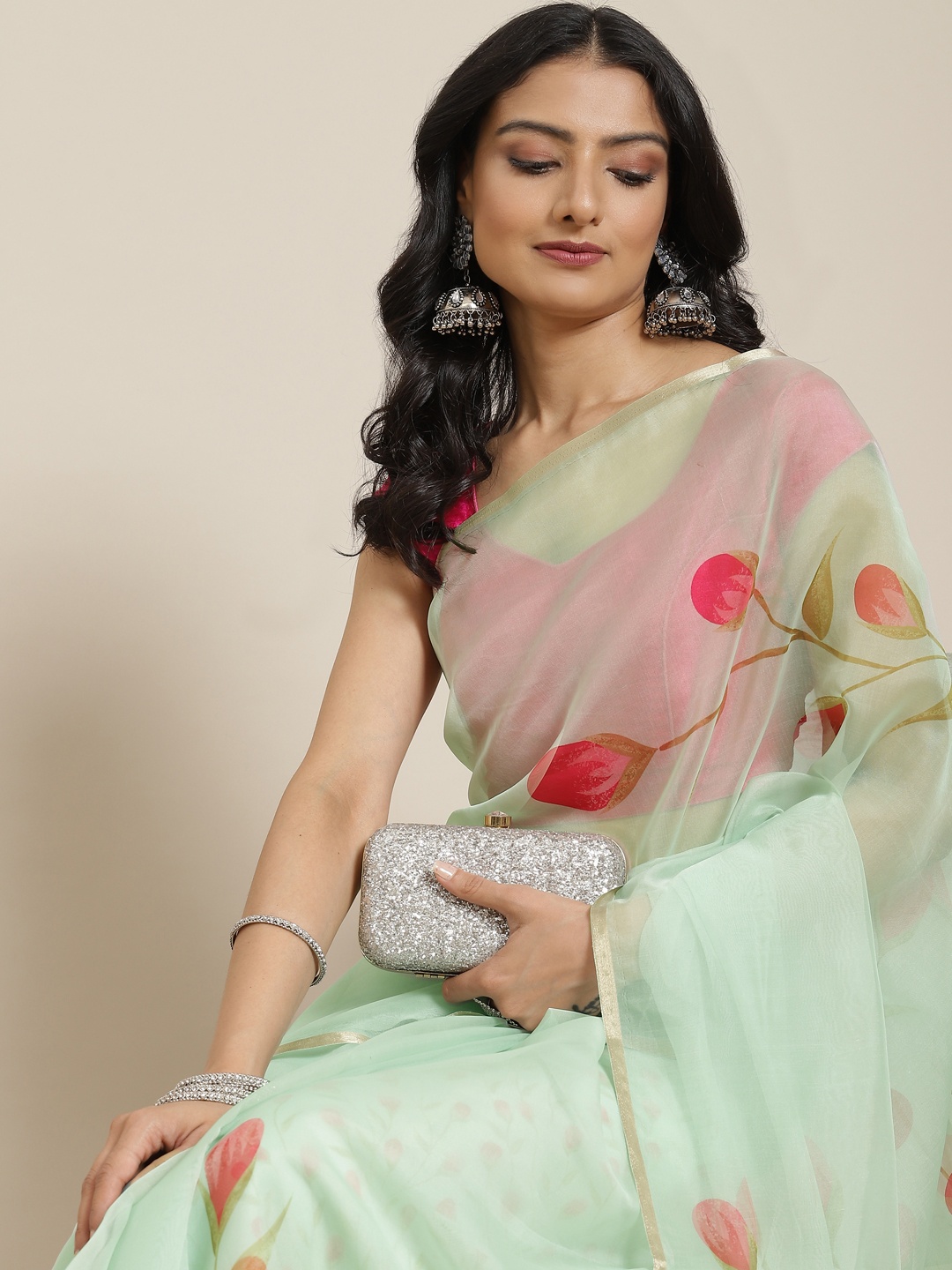 

MIRCHI FASHION Mint Green & Coral Red Floral Zari Border Organza Saree with Blouse Piece