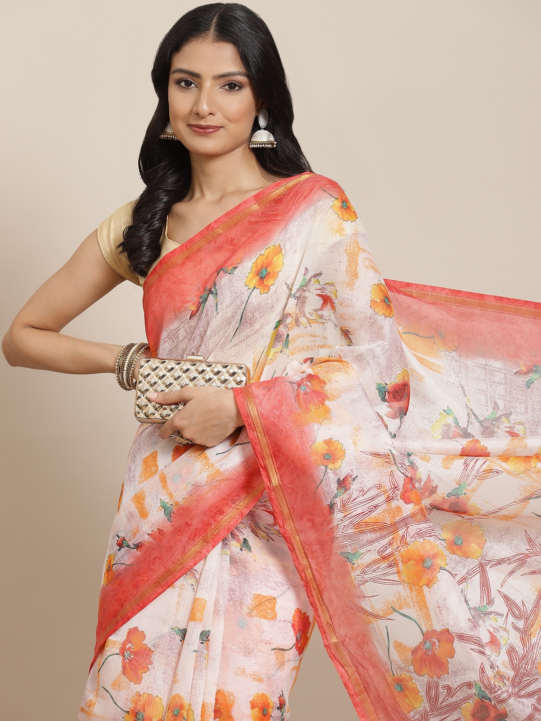

KALINI White & Coral Red Floral Print Zari Border Saree with Blouse Piece
