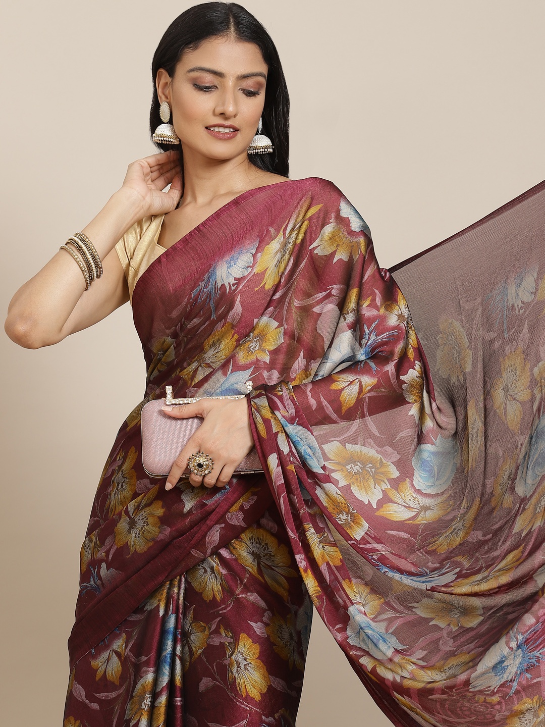 

KALINI Maroon & Mustard Yellow Floral Print Saree