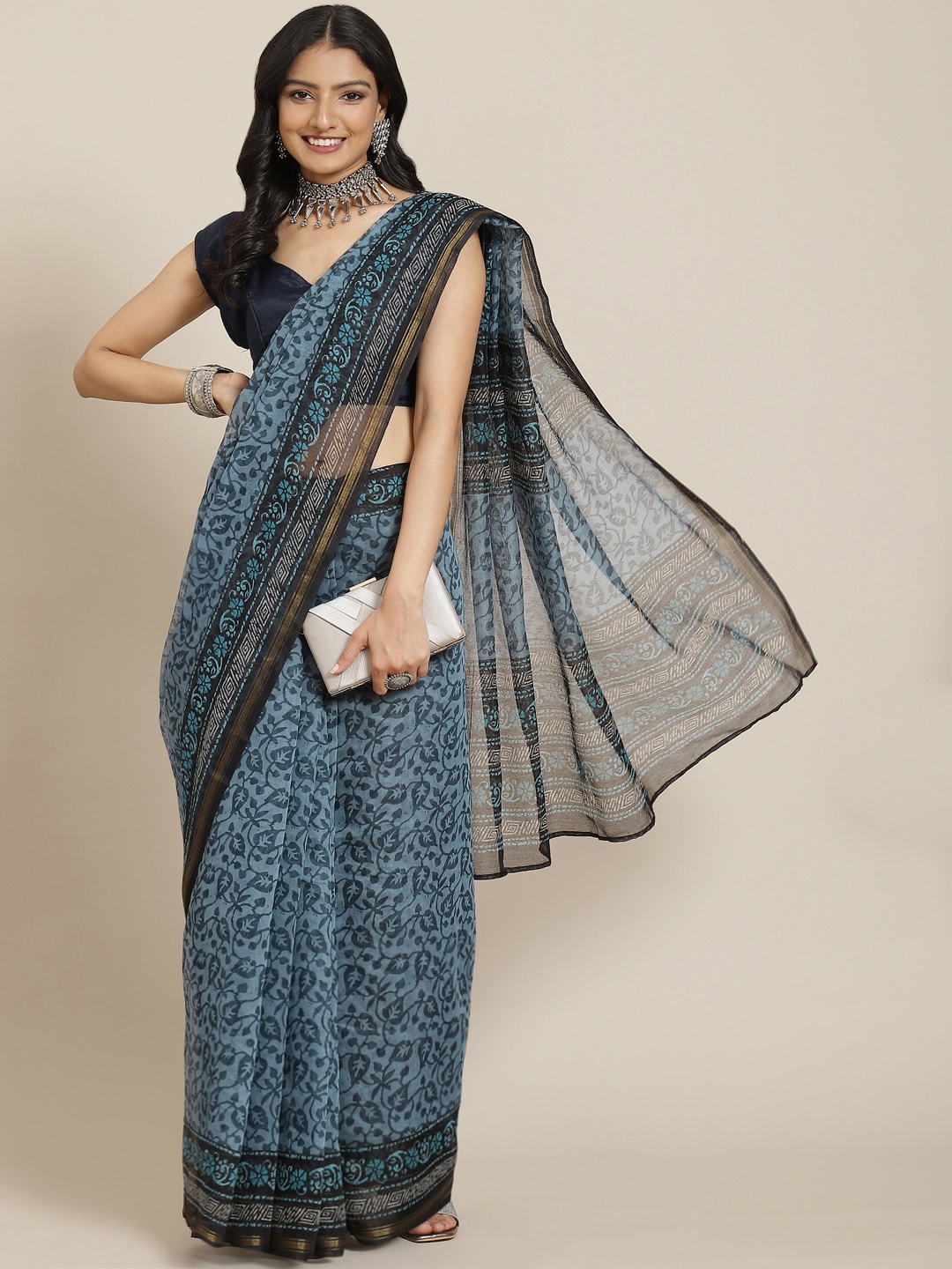 

MIRCHI FASHION Navy Blue & Charcoal Grey Printed Batik Saree