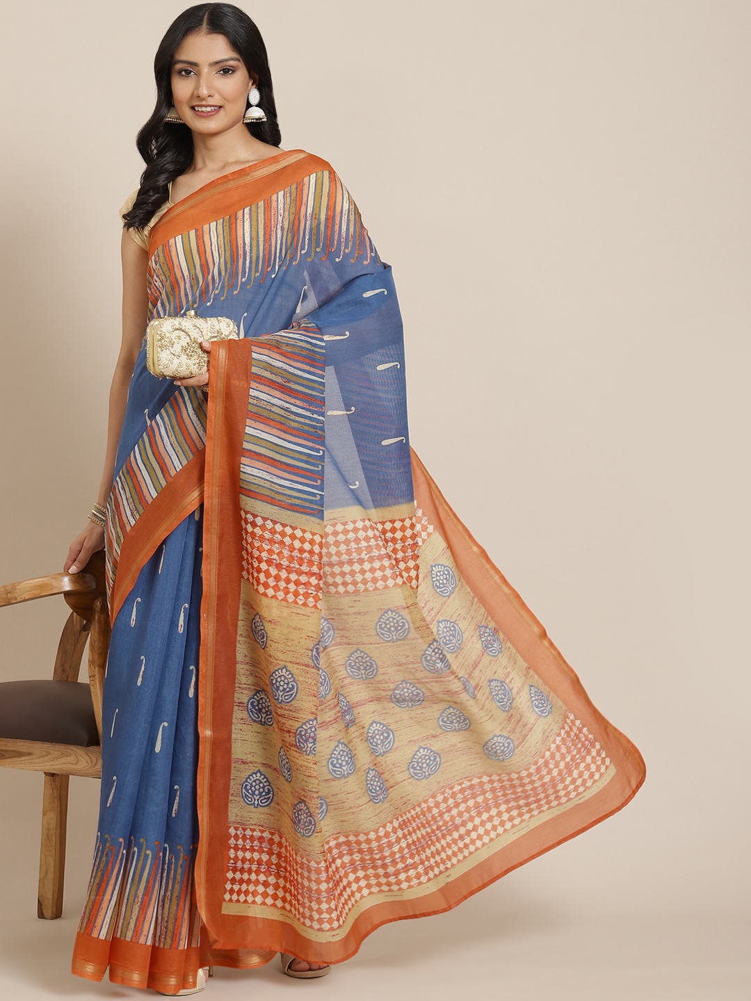 

KALINI Navy Blue & Orange Paisley Saree