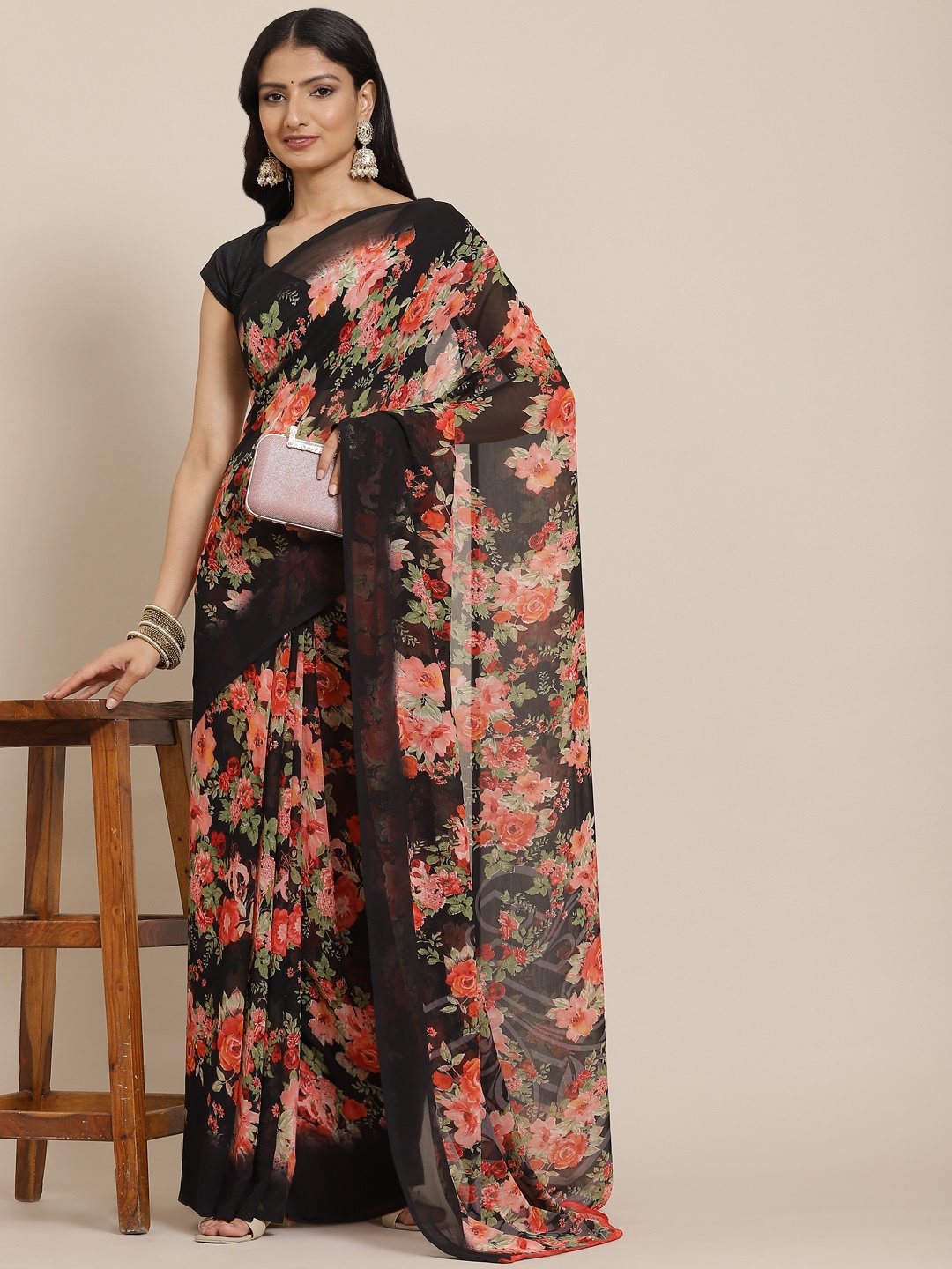 

MIRCHI FASHION Black & Coral Orange Floral Print Saree with Blouse Piece