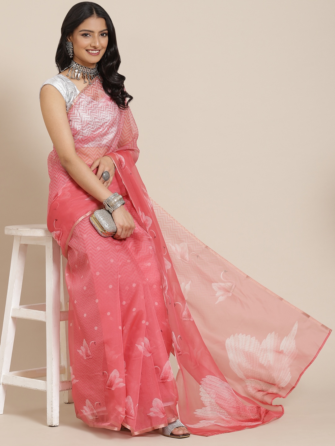 MIRCHI FASHION Coral Pink Ethnic Motifs Zari Organza Saree