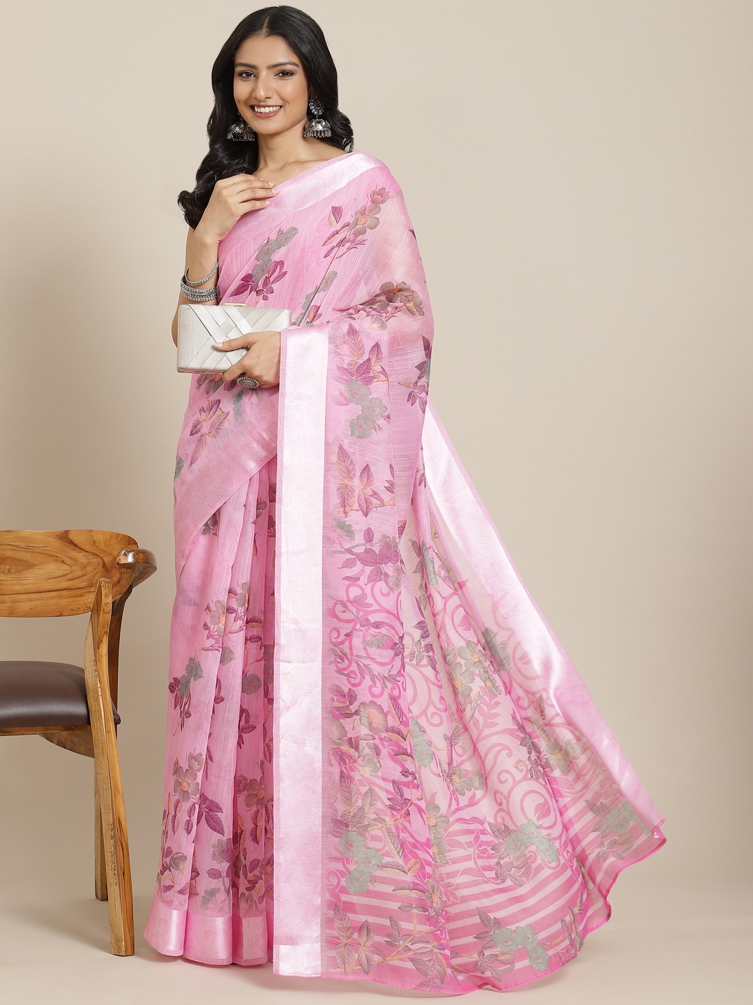 

MIRCHI FASHION Pink & Green Floral Print Saree