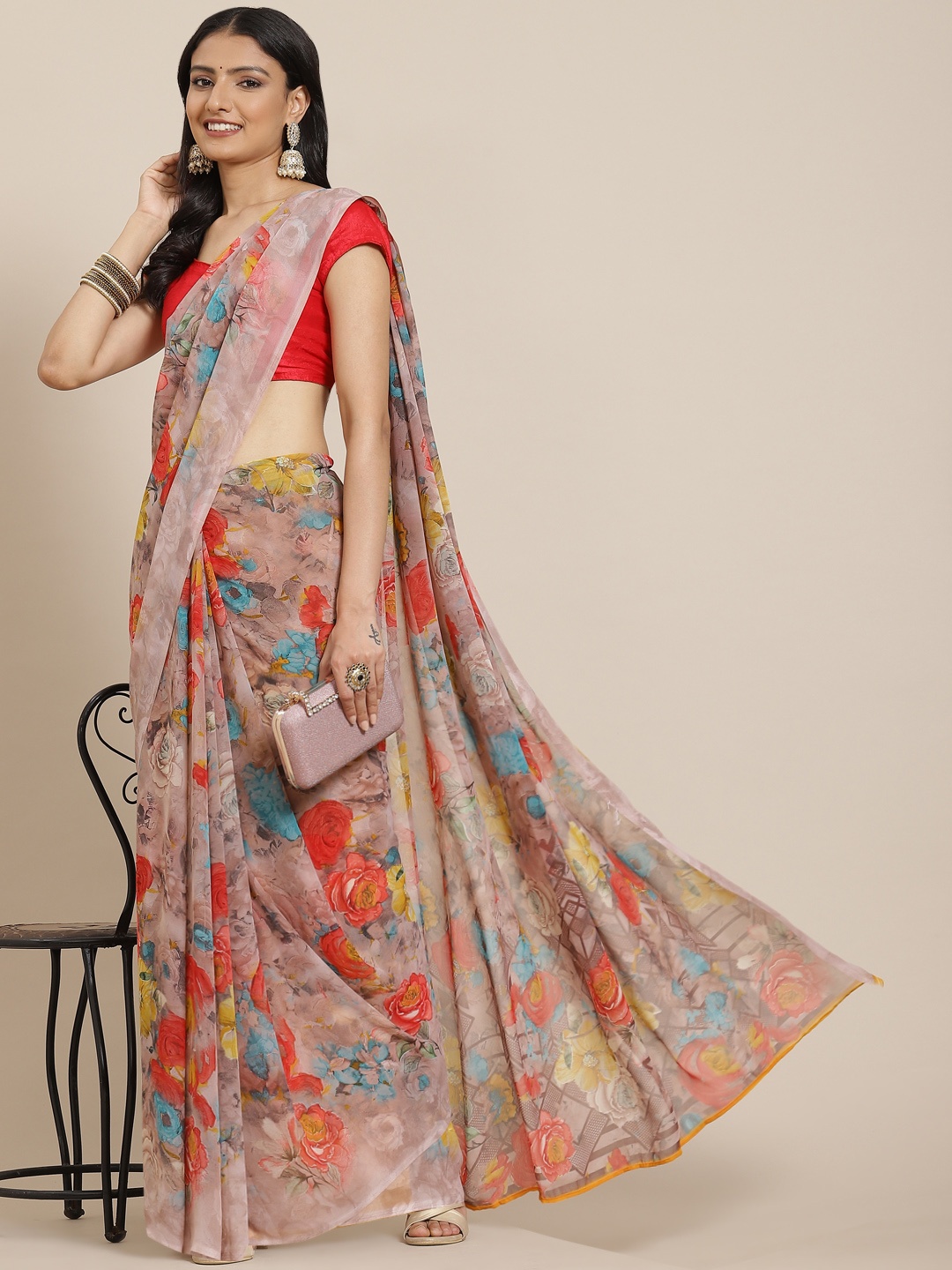 

MIRCHI FASHION Dusty Pink & Mustard Yellow Floral Print Saree, Rose