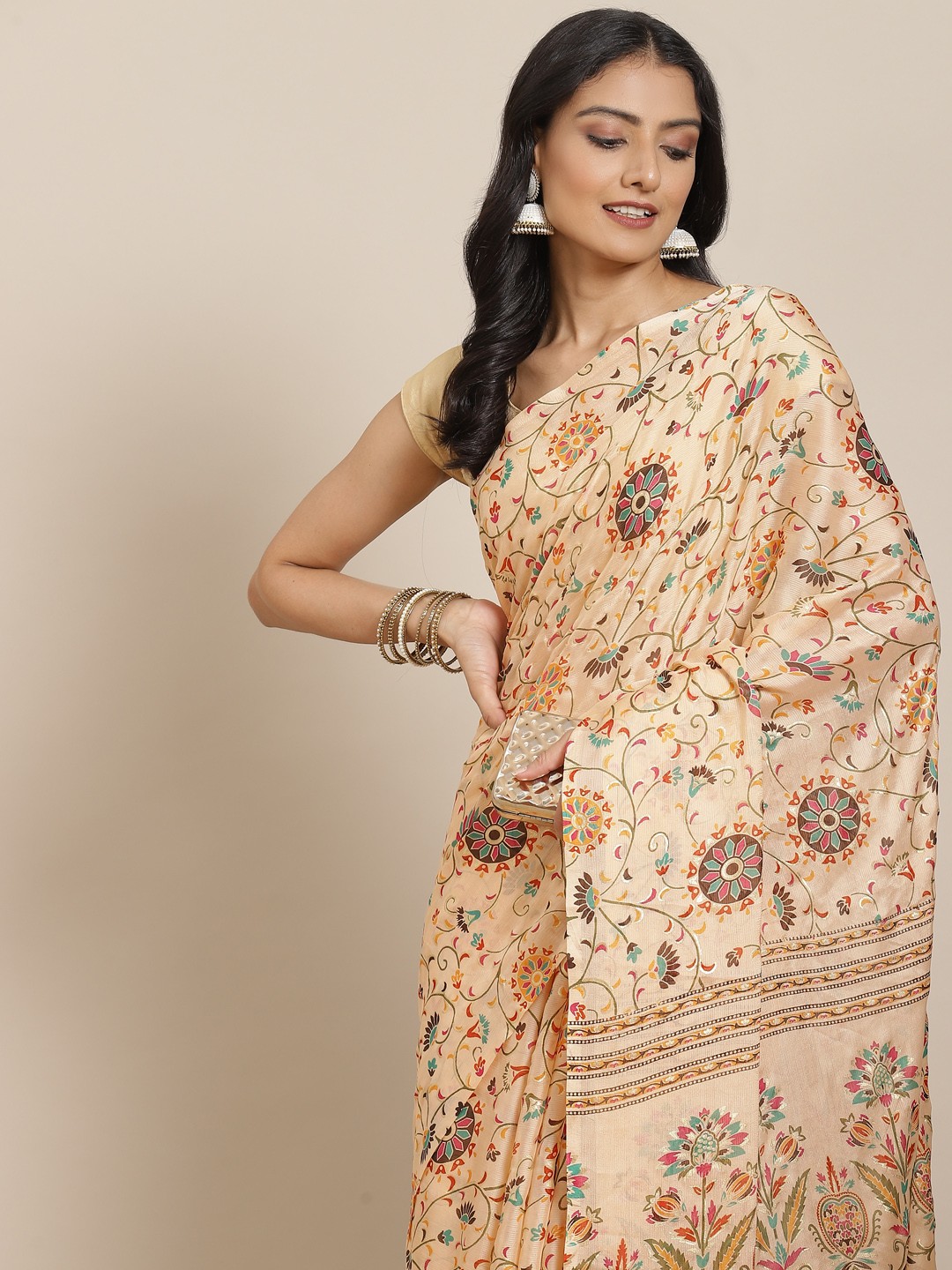 

MIRCHI FASHION Cream-Coloured & Pink Ethnic Motifs Print Saree with blouse Piece