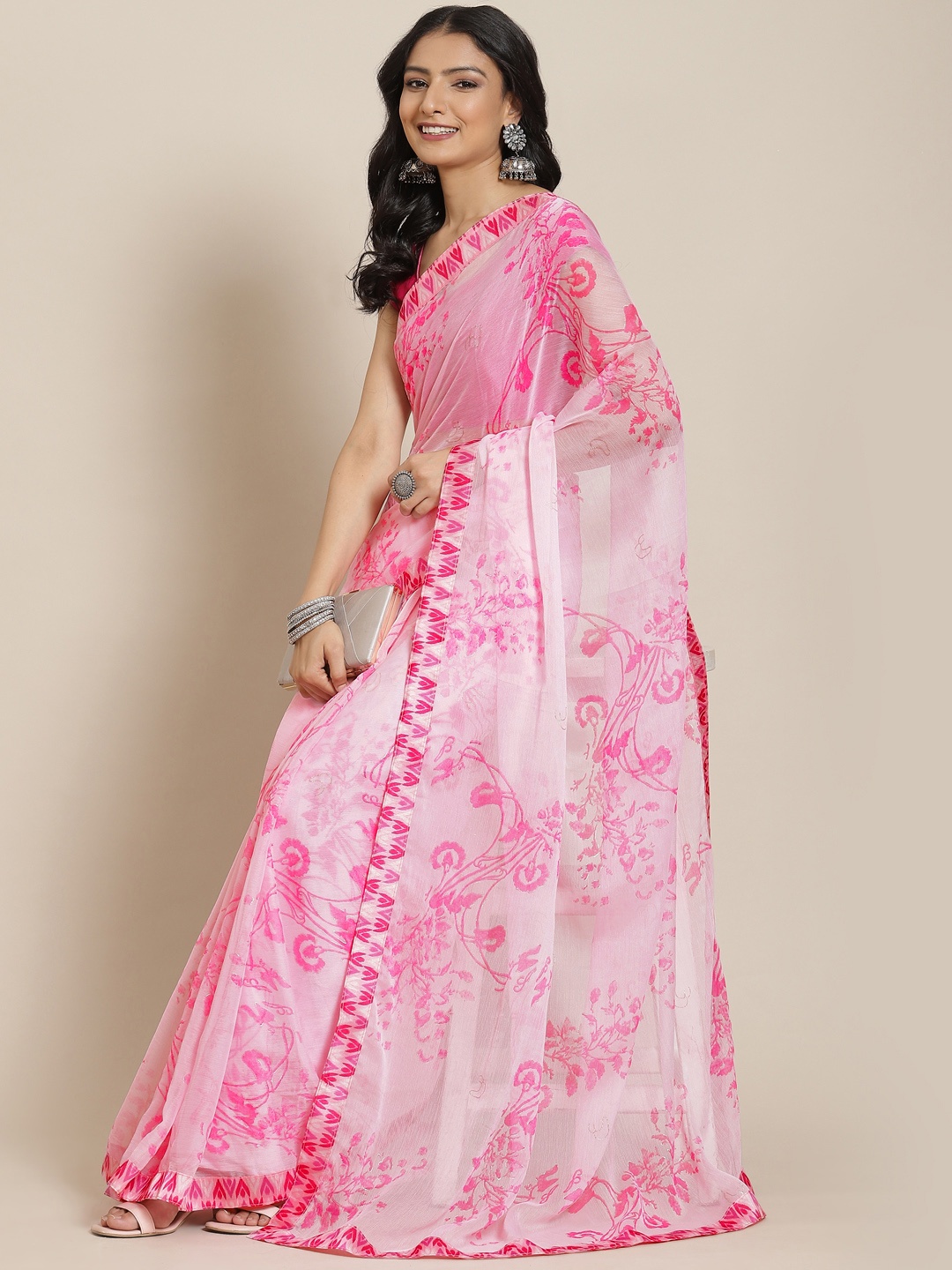 

MIRCHI FASHION Pink & White Ethnic Motifs Embroidered Ikat Saree with Blouse Piece
