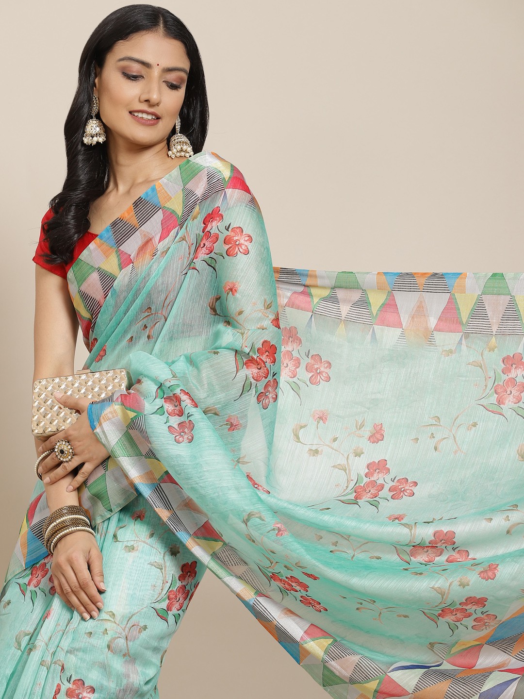 

MIRCHI FASHION Blue & Red Floral Print Saree with Blouse Piece