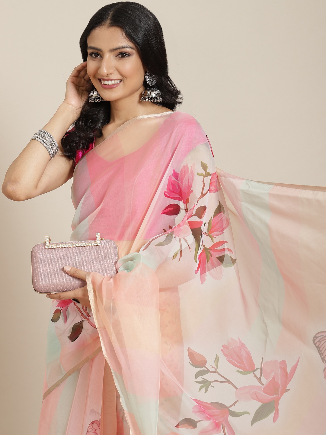 

MIRCHI FASHION Peach-Coloured & Pink Floral Zari Organza Saree