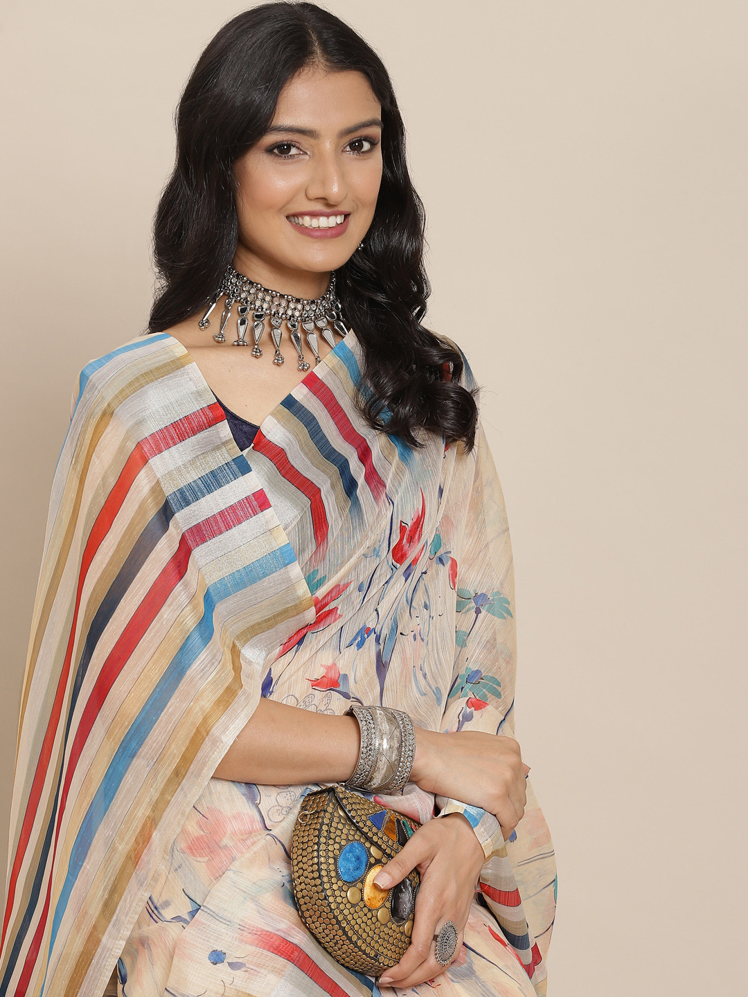 

MIRCHI FASHION Cream-Coloured & Navy Blue Floral Zari Saree