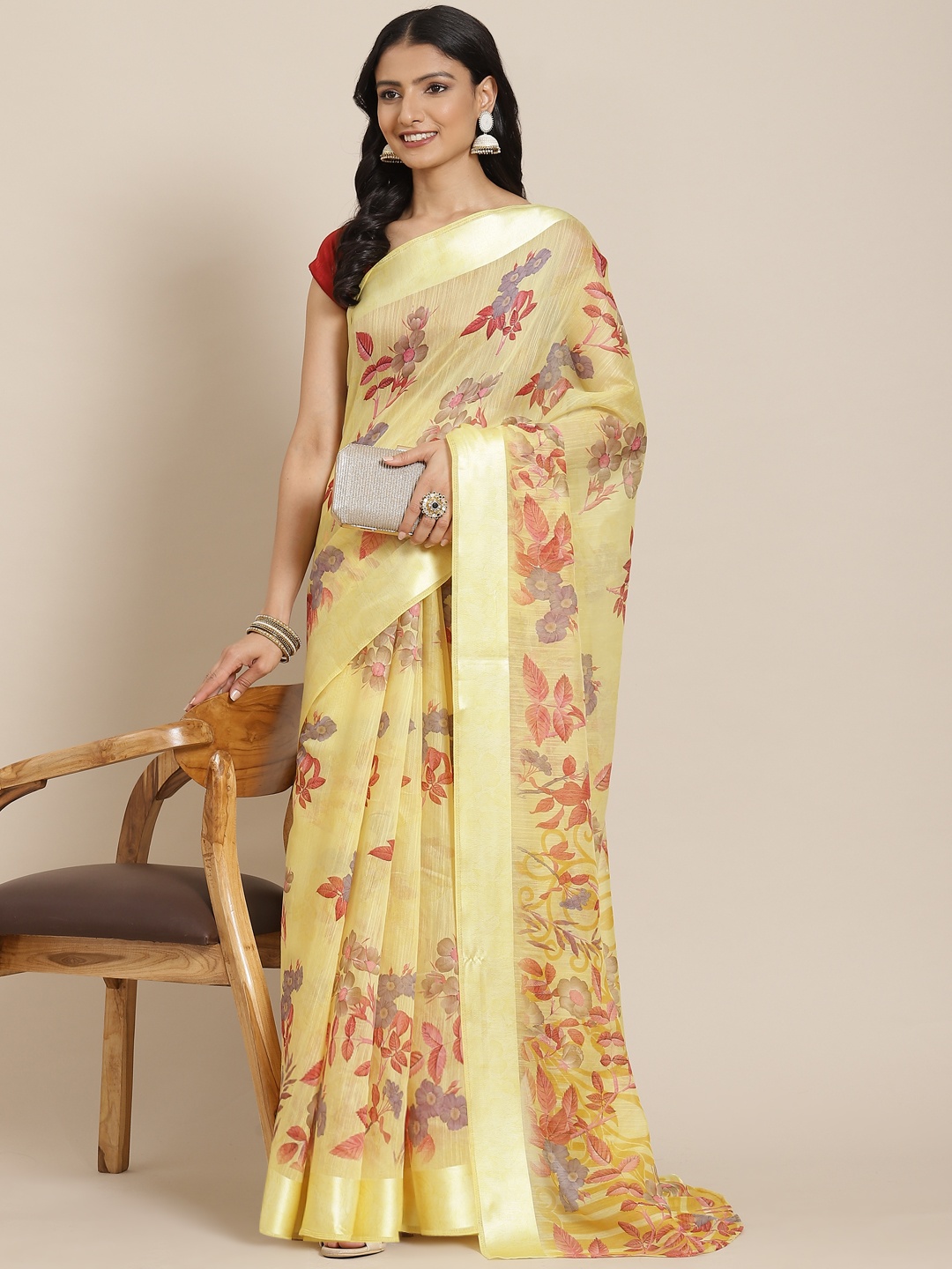 

MIRCHI FASHION Yellow & Maroon FloralPrint Saree