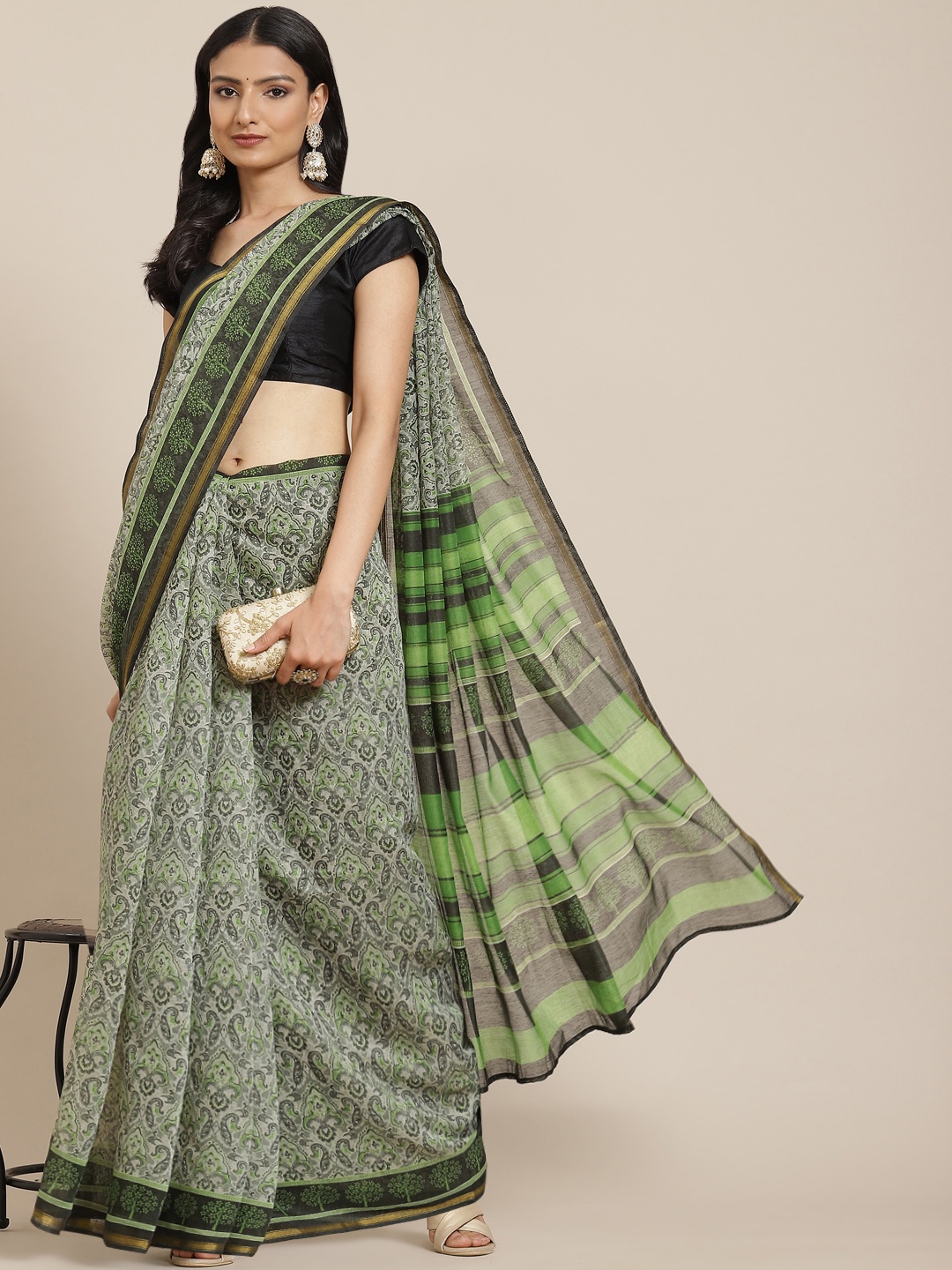 

MIRCHI FASHION Green Paisley Print Zari Border Bagru Saree with Blouse Piece