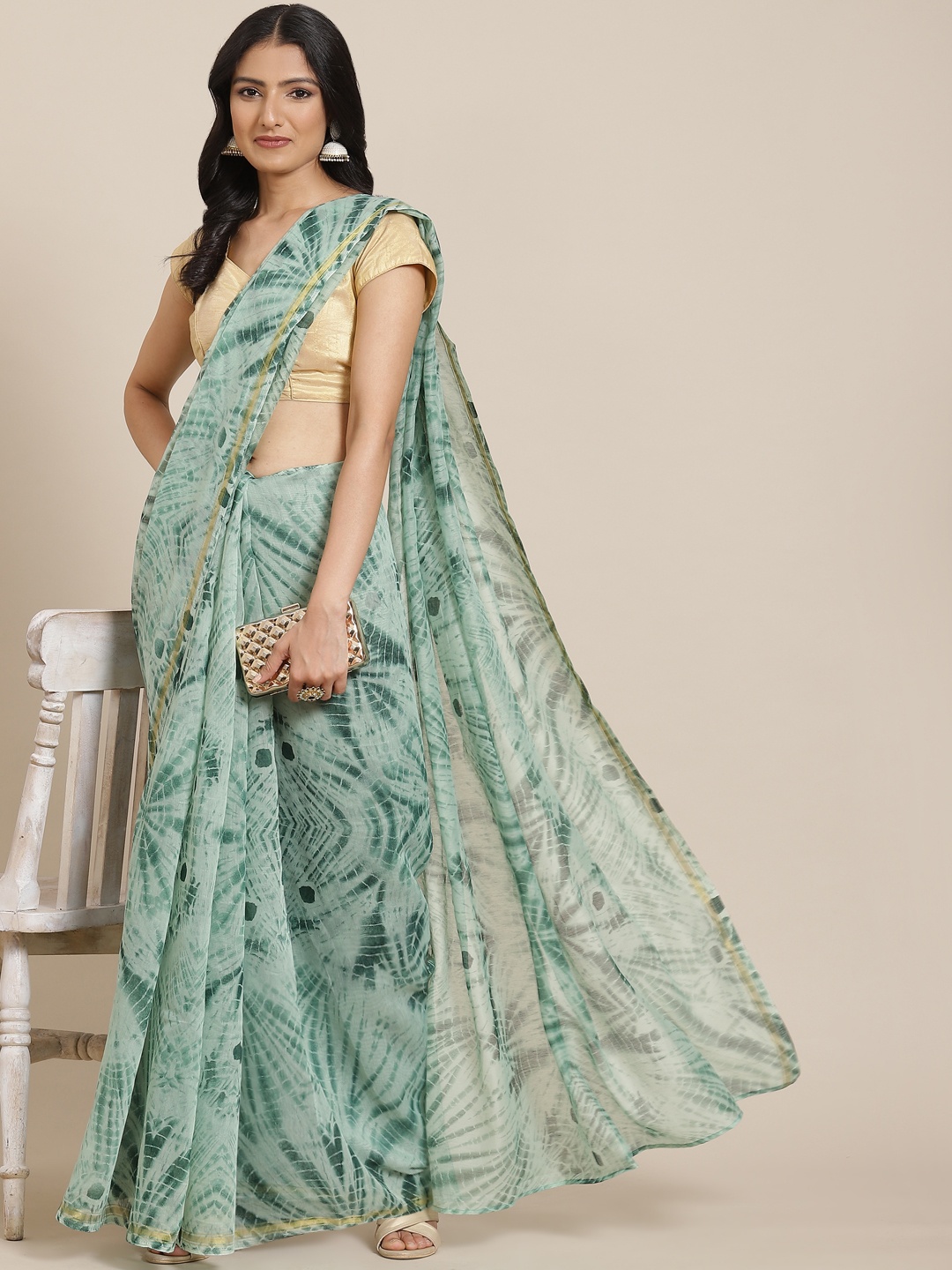 

MIRCHI FASHION Sea Green Tie and Dye Printed Zare Border Saree with Blouse Piece