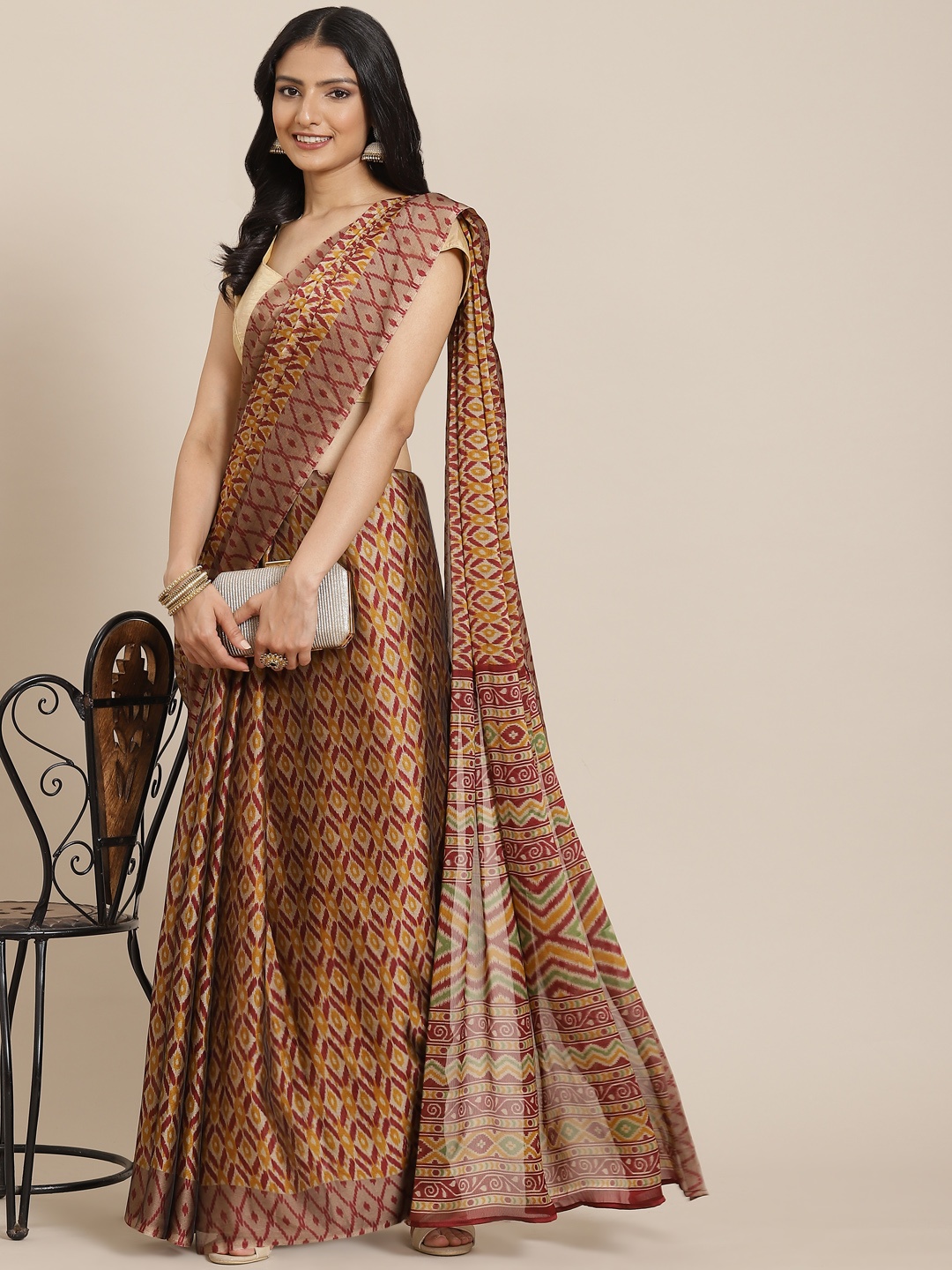 

MIRCHI FASHION Beige & Maroon Ikat Saree