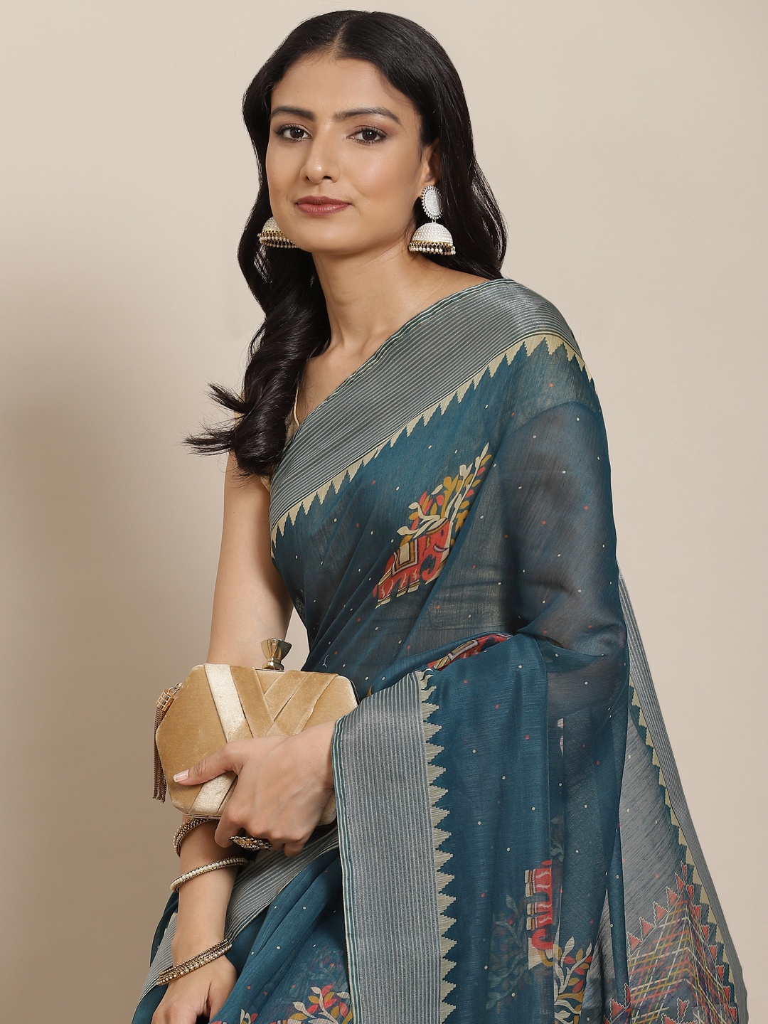 

MIRCHI FASHION Teal Green & Yellow Ethnic Motifs Block Print Saree