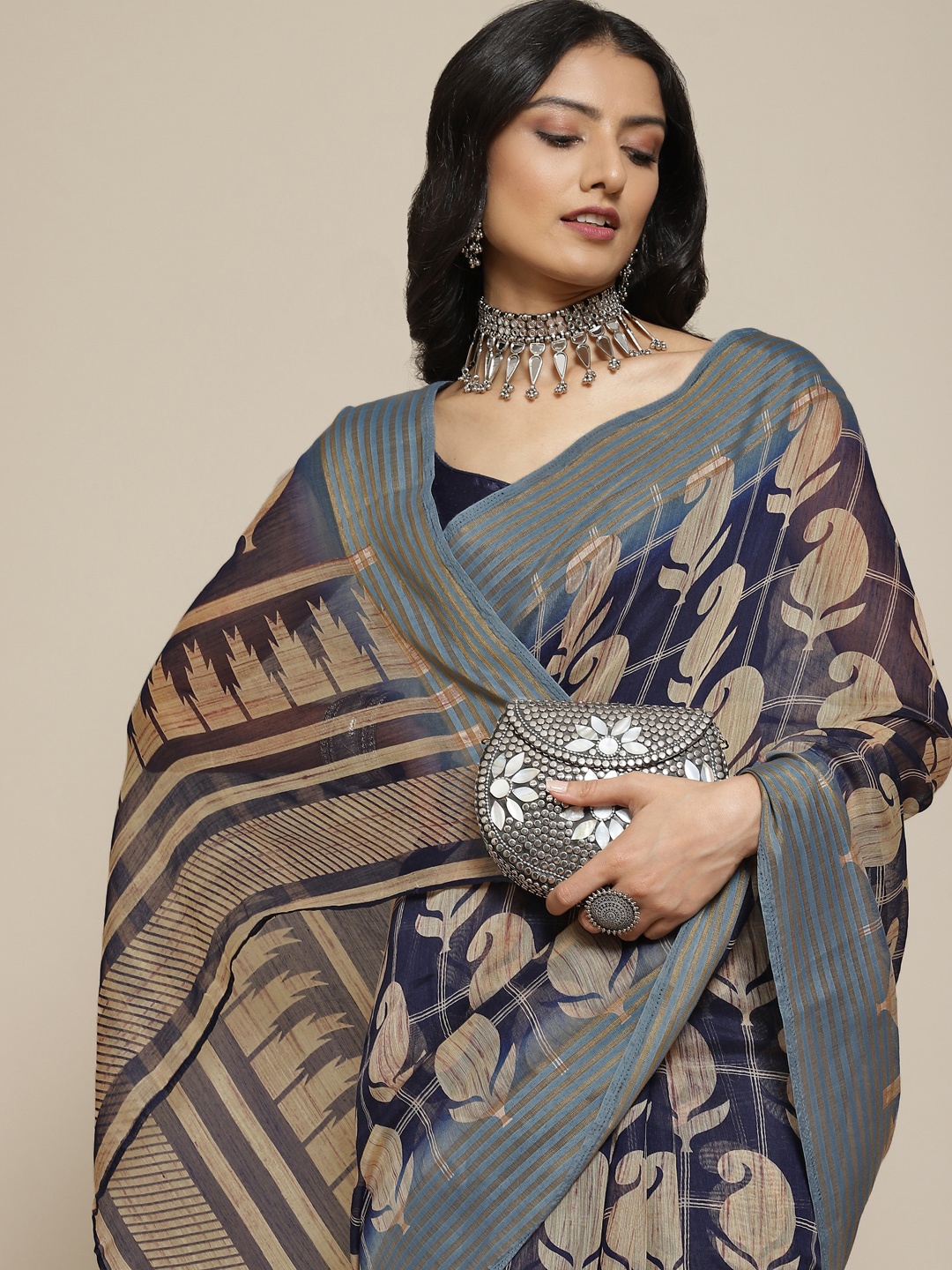 

MIRCHI FASHION Navy Blue & Beige Paisley Print Saree