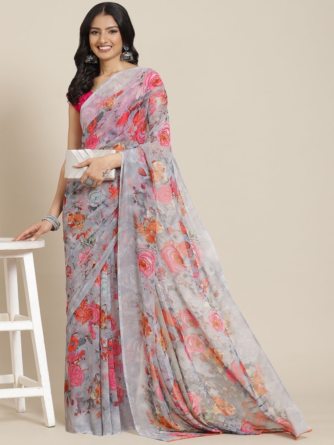 

MIRCHI FASHION Grey & Pink Floral Print Saree with Blouse Piece