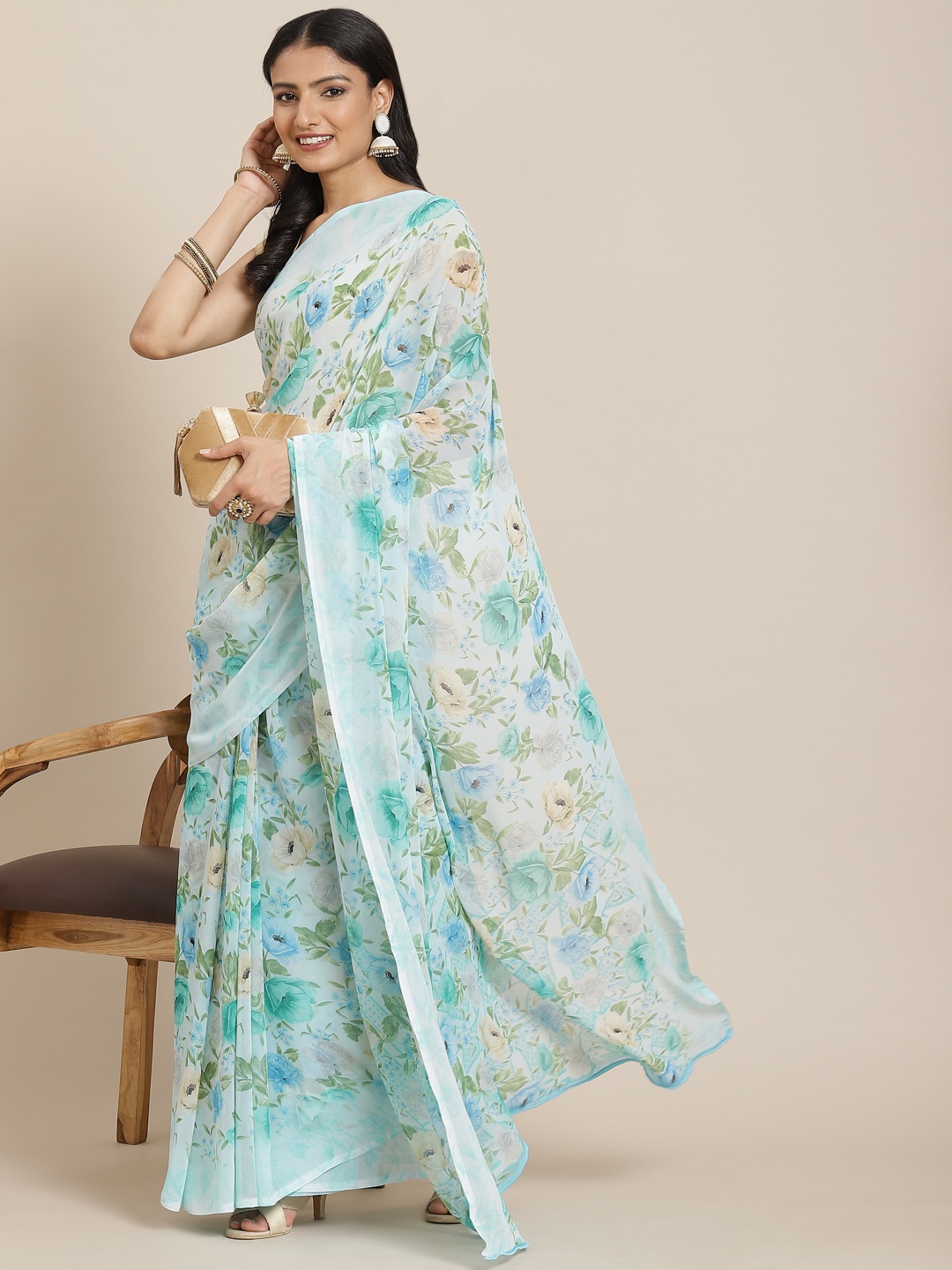 

MIRCHI FASHION Sea Green & Blue Floral Print Saree