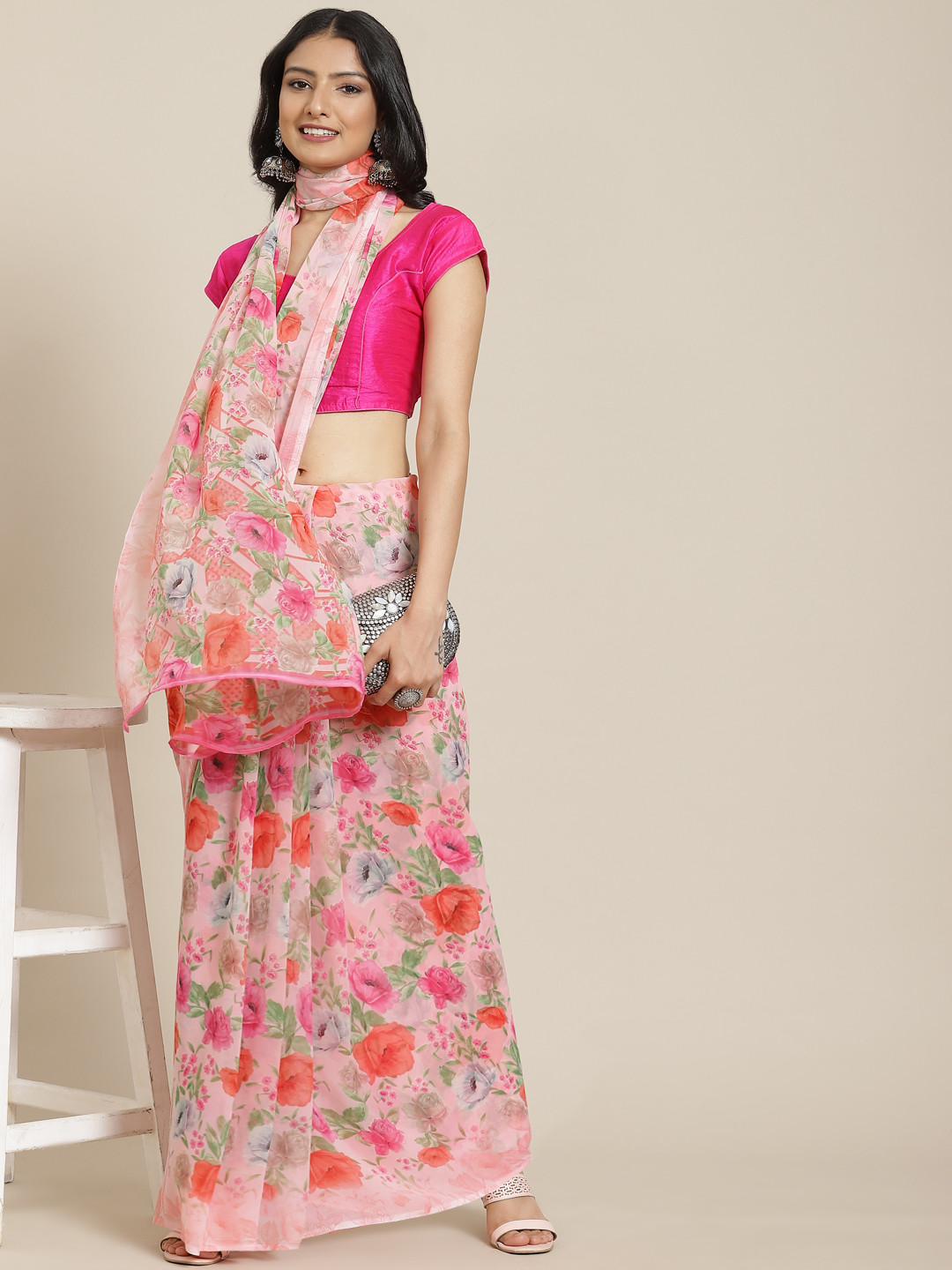 

MIRCHI FASHION Pink & Orange Floral Print Saree
