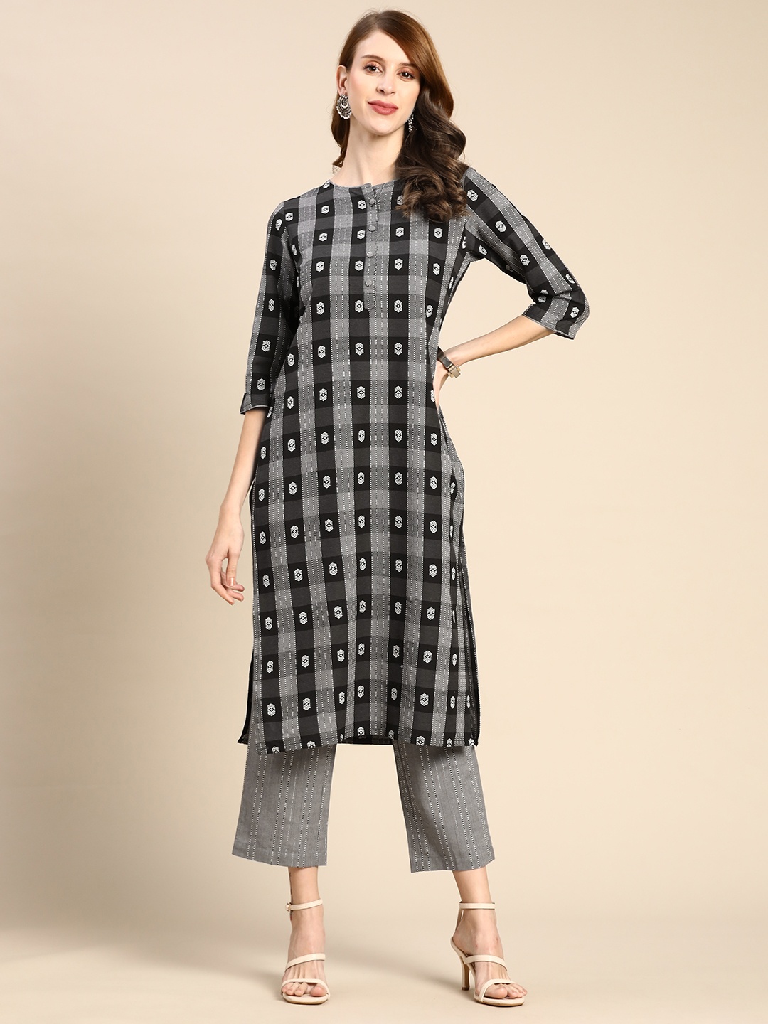 

Anouk Women Grey Ethnic Motifs Woven Design Pure Cotton Kurta with Trousers