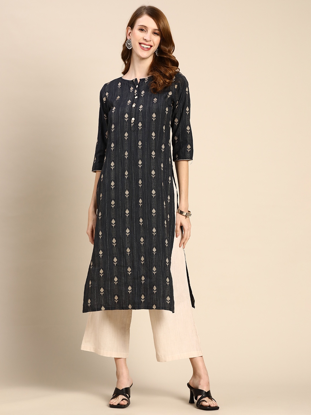 

Anouk Women Black Ethnic Motifs Woven Design Pure Cotton Kurta with Trousers