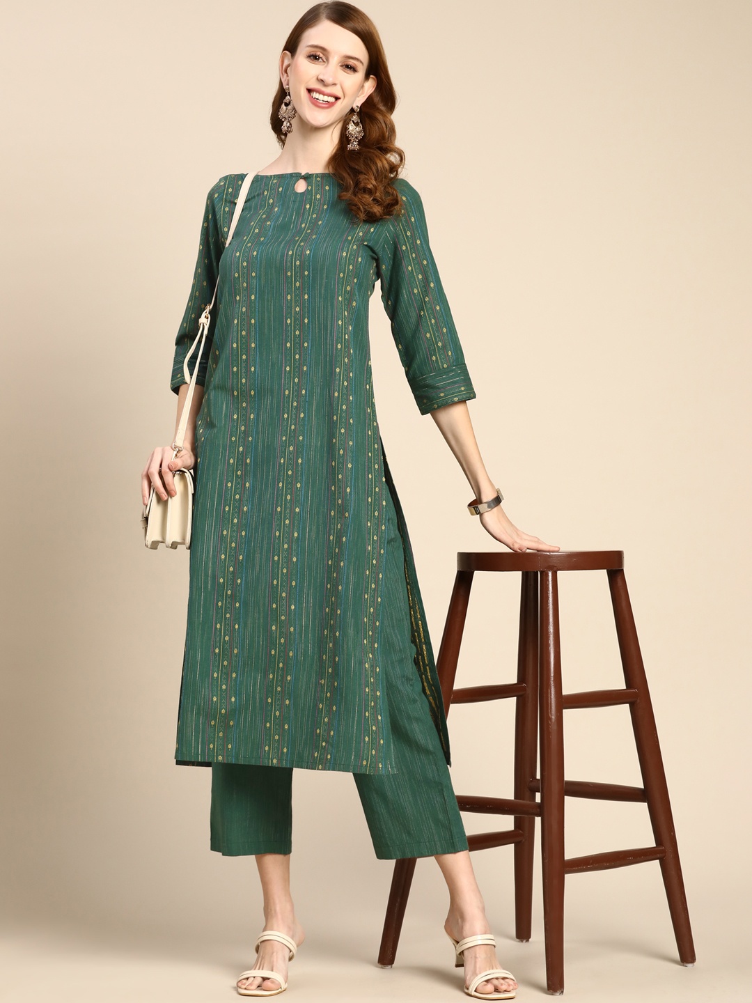 

Anouk Women Green Ethnic Motifs Woven Design Pure Cotton Kurta with Trousers