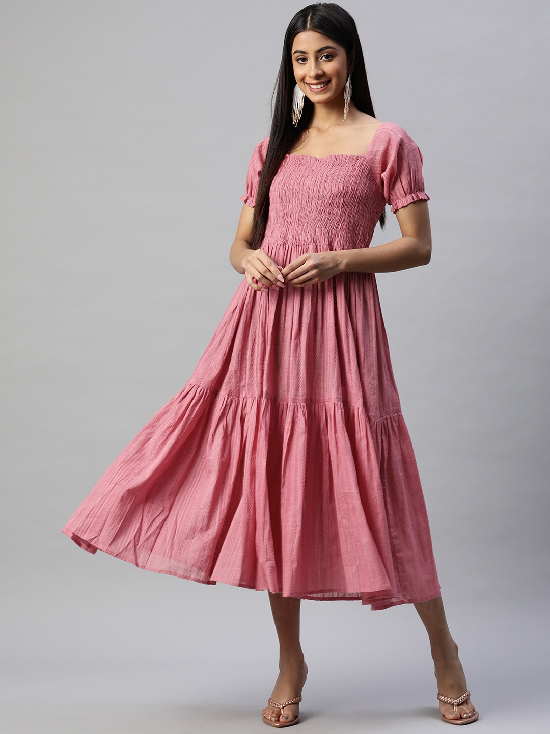 

RAJGRANTH Women Pink Solid A-Line Midi Dress